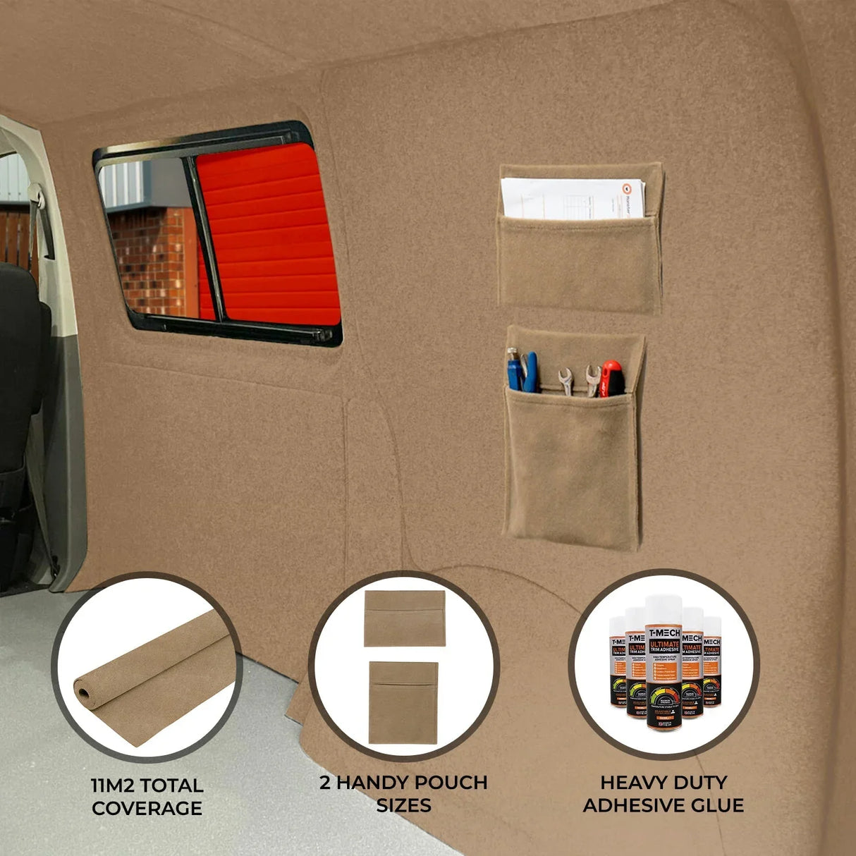 Beige van carpet lining with storage pouches, adhesive glue, and a textured finish, ideal for vehicle interior customization