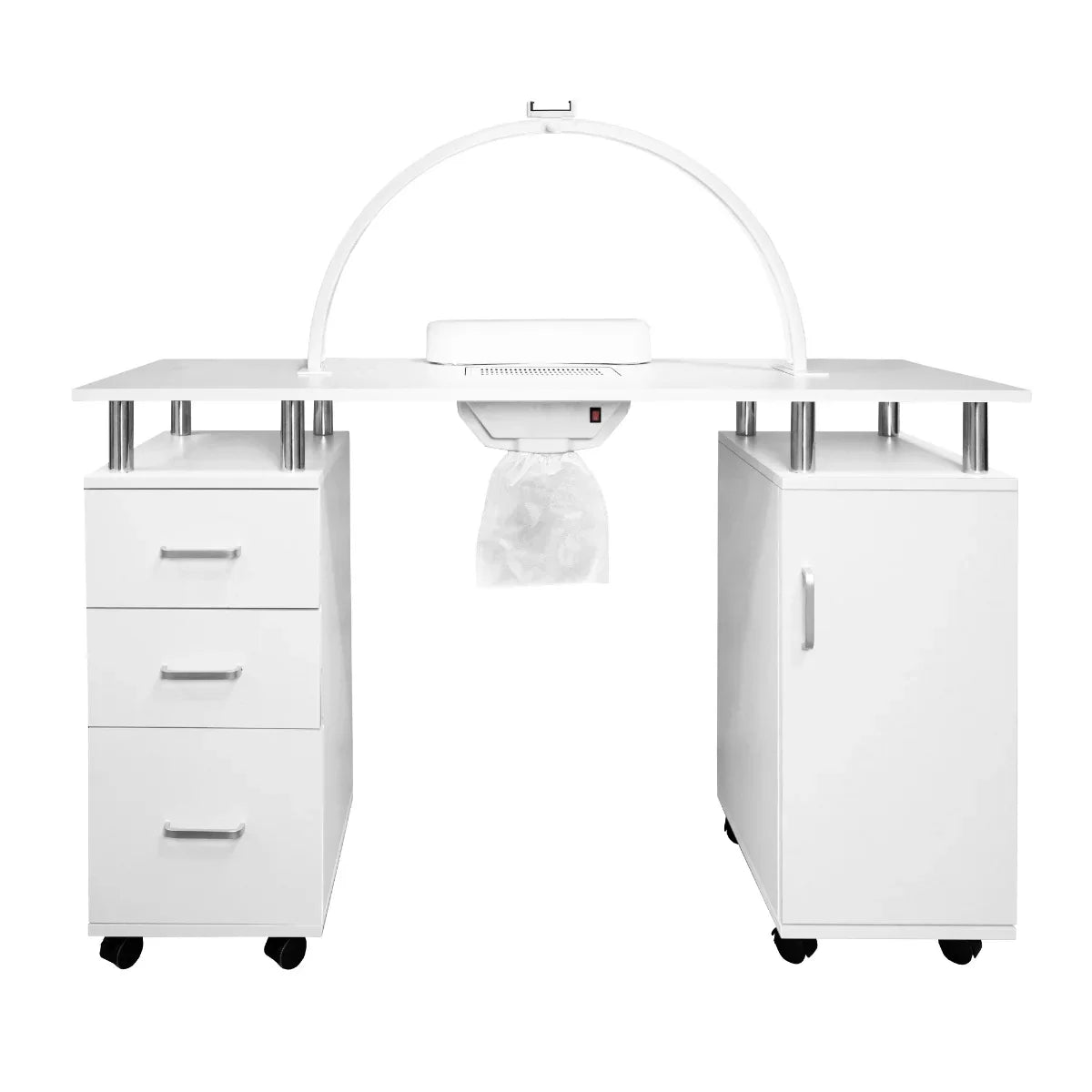 Professional manicure table in sleek white with LED half moon lamp, featuring storage drawers and a modern design on rolling casters