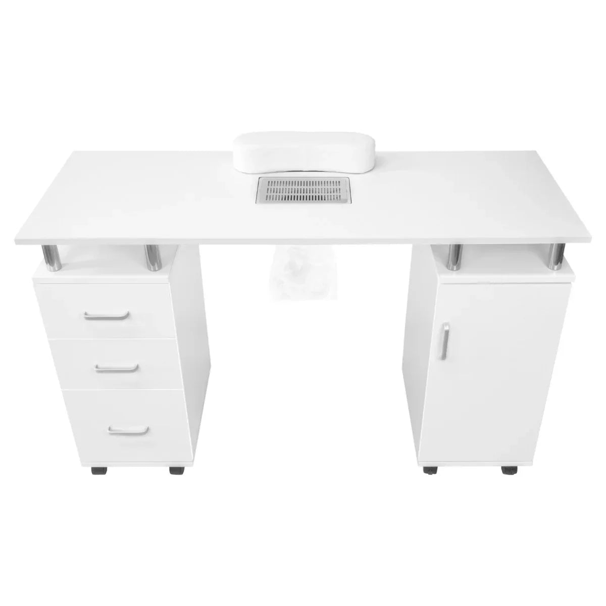Sleek white professional manicure table with three drawers, side cabinet, and built-in ventilation, paired with a stylish LED half moon lamp