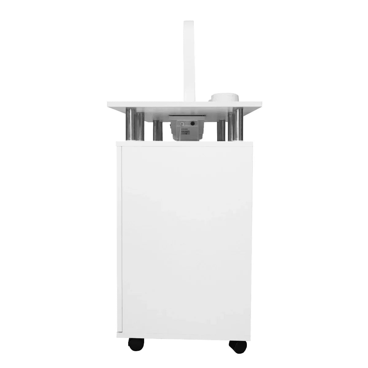 Sleek white professional manicure table with a smooth surface, storage cabinet, and LED half moon lamp for optimal lighting