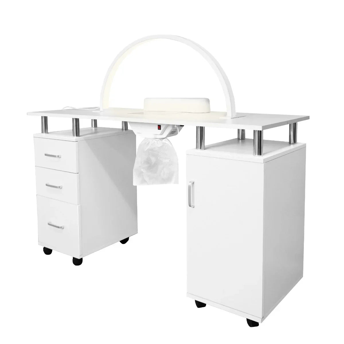 Professional manicure table in sleek white with LED half moon lamp, featuring storage drawers and a modern design on rolling wheels