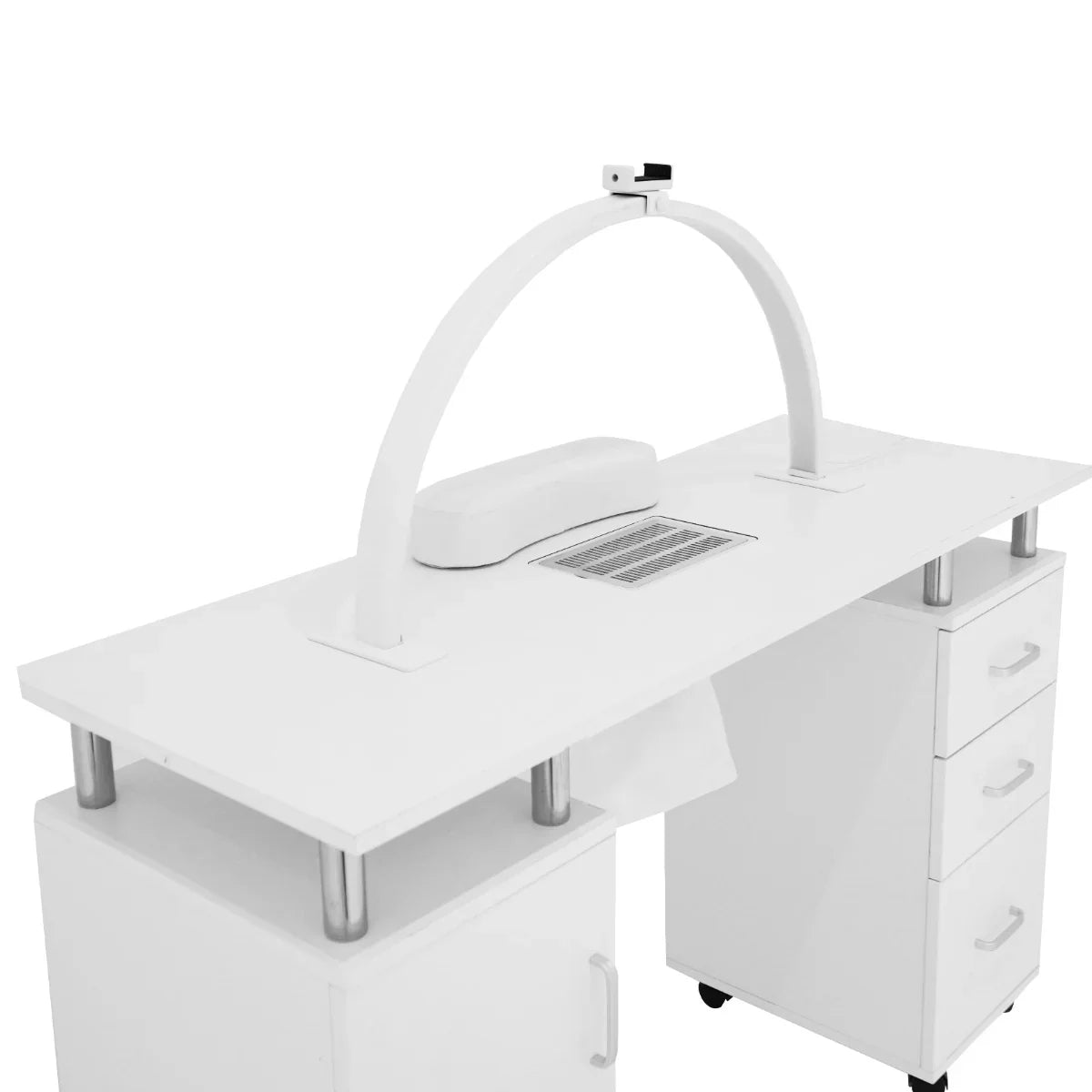 White professional manicure table with sleek design, LED half moon lamp, and storage drawers for nail tools and accessories