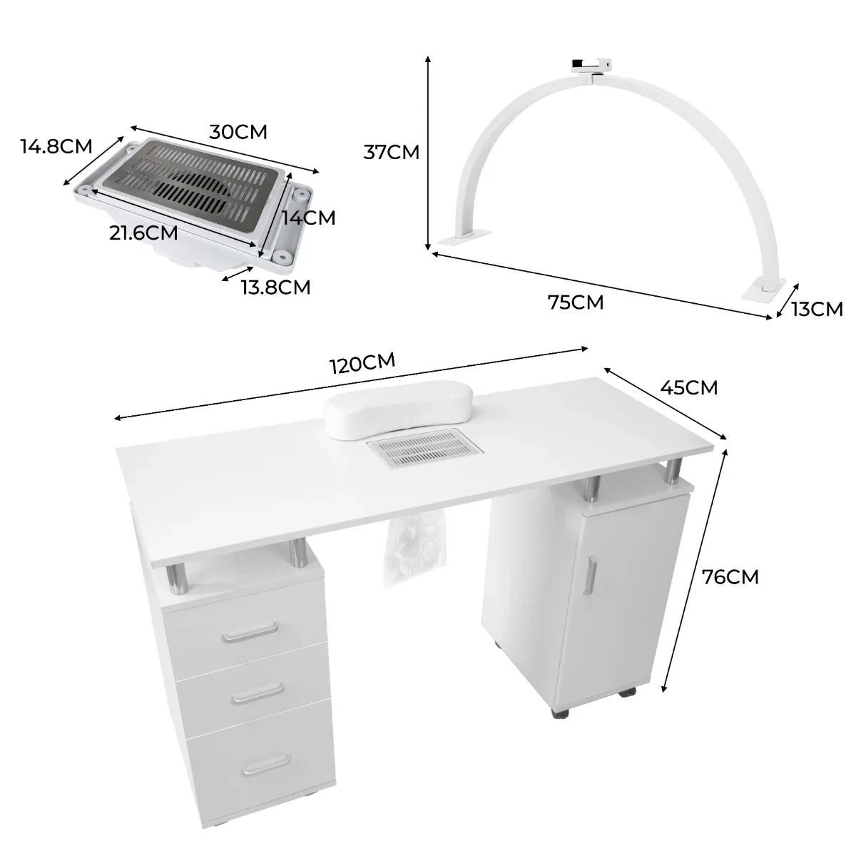 Professional manicure table in sleek white finish with storage drawers, featuring an LED half moon lamp for optimal lighting