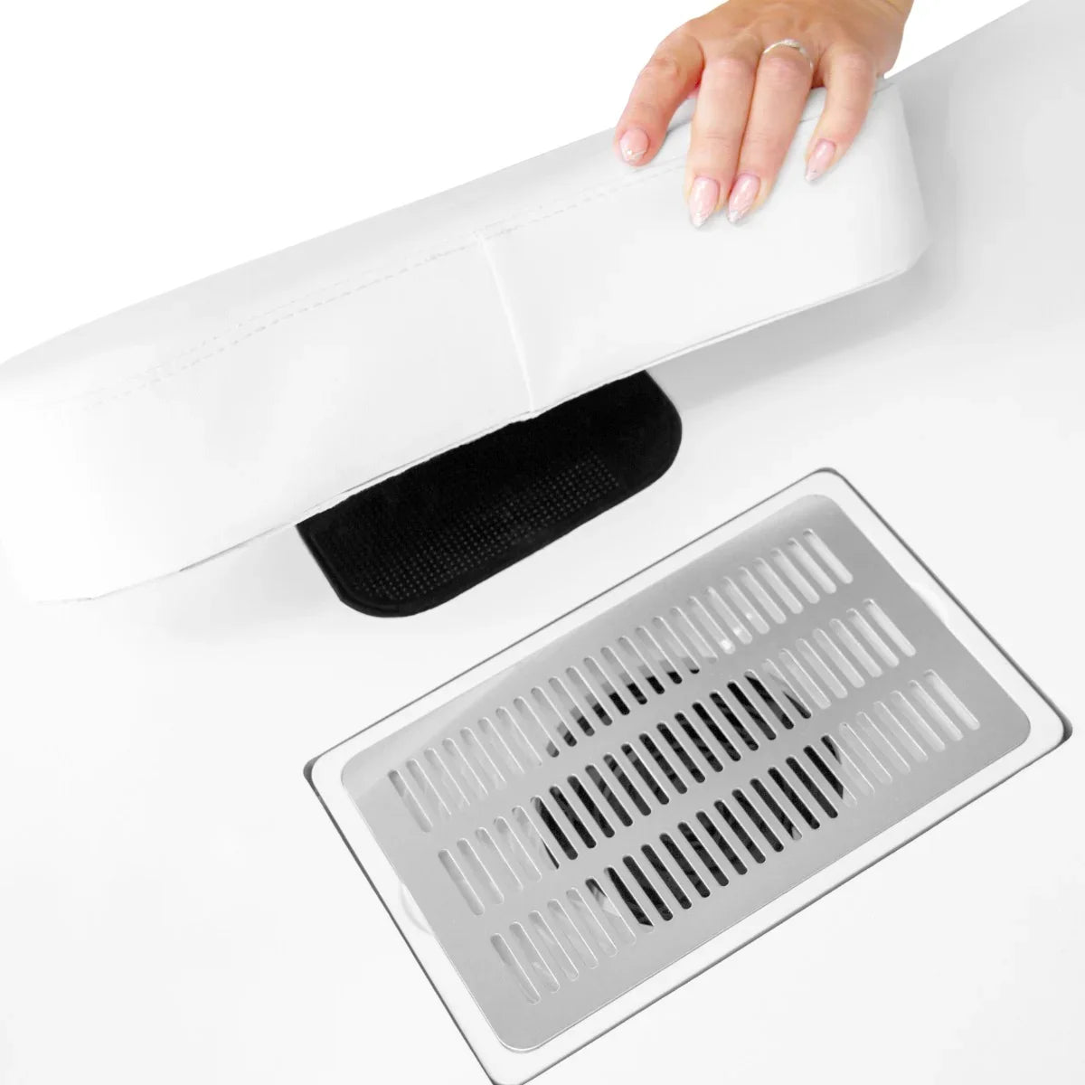 Professional manicure table featuring a sleek white cushion, integrated ventilation system, and a stylish LED half moon lamp