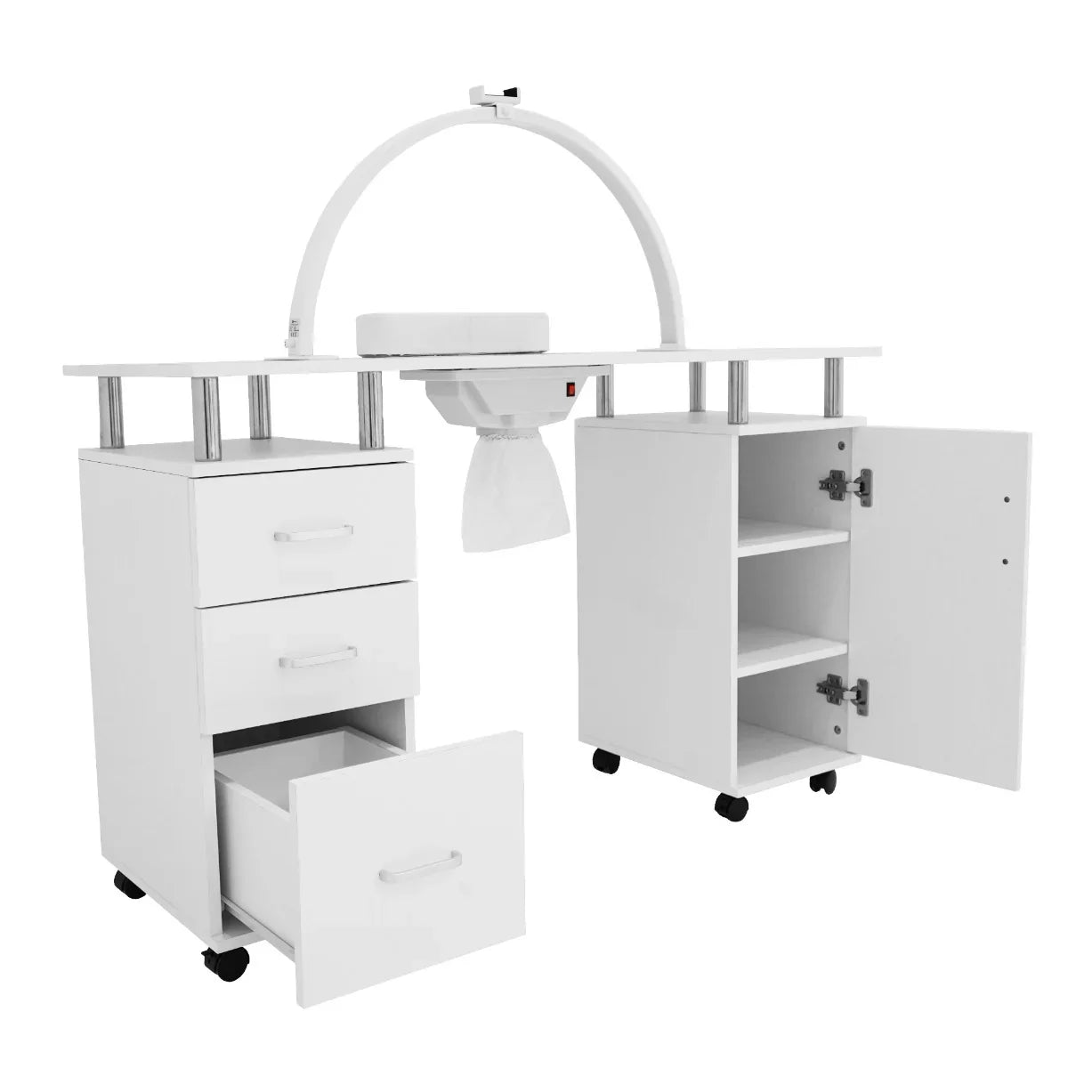 Professional manicure table in white with LED half moon lamp, featuring storage drawers and shelves on wheels for easy mobility
