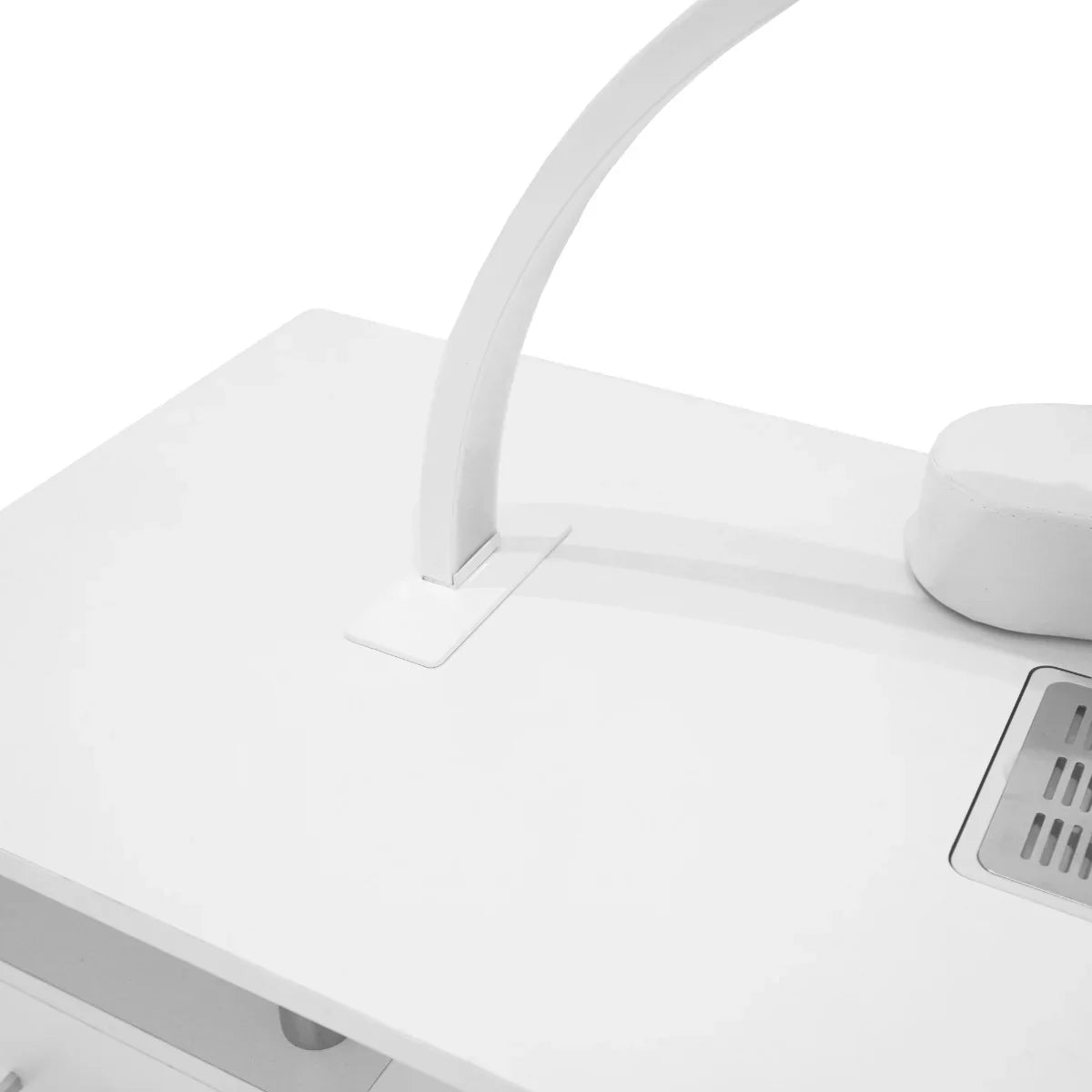 White professional manicure table featuring a sleek design, integrated LED half moon lamp, and smooth surface for nail care