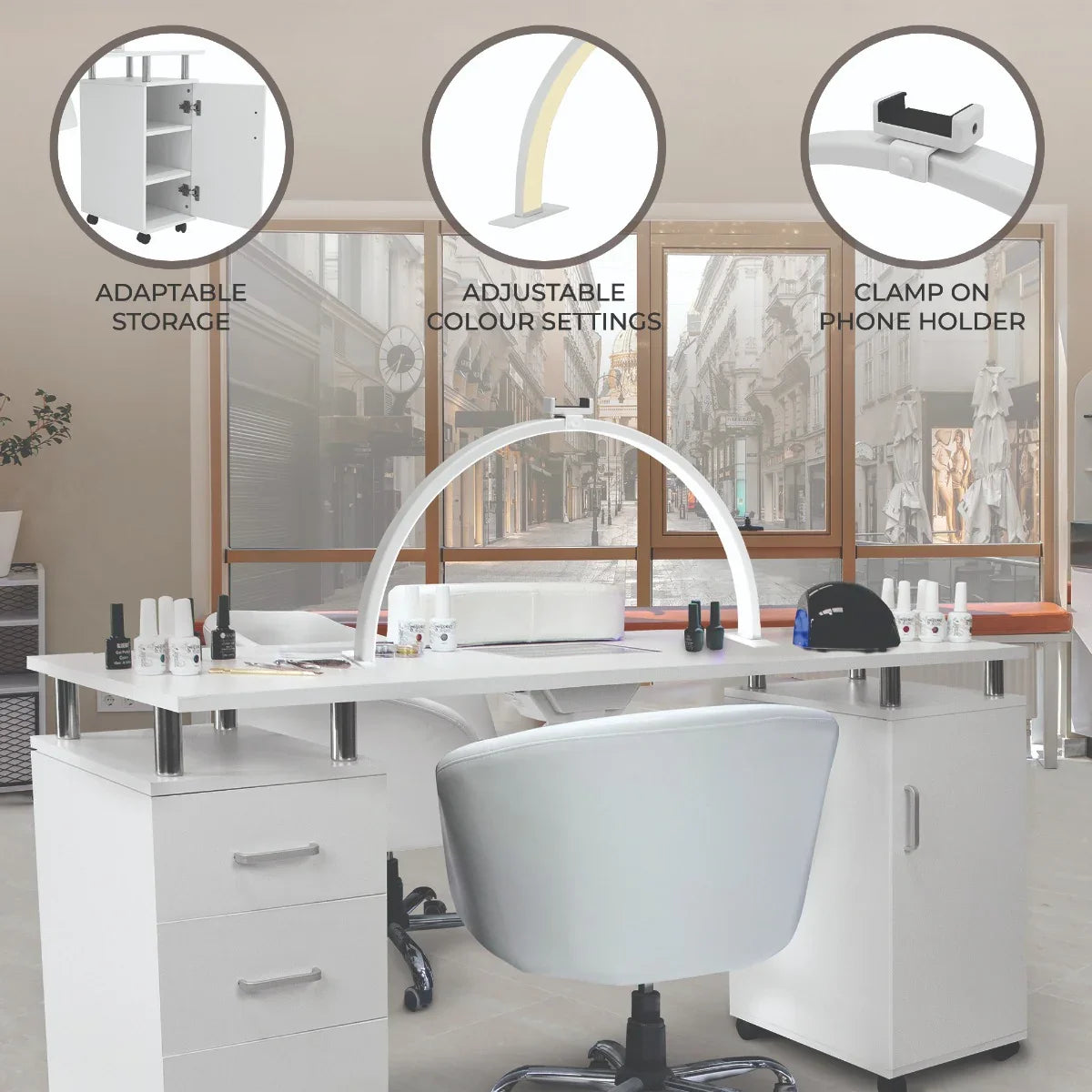 Professional manicure table with adjustable LED half moon lamp, white finish, storage drawers, and phone holder clamp for convenience