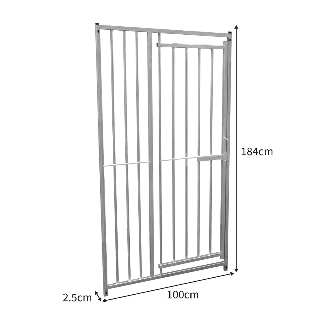 1m dog run panel with door, silver metal, 8cm bar spacing, dimensions 184cm height, 100cm width, sturdy and durable design