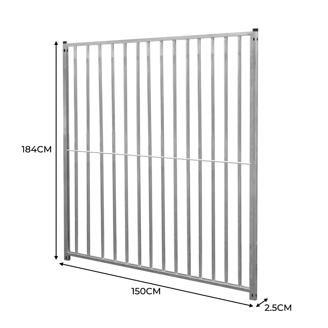 1.5m dog run panel with 8cm bar spacing, featuring a sturdy silver metal frame and vertical bars for secure containment