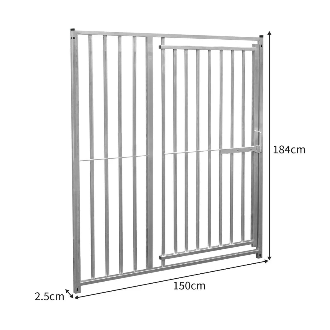 1.5m dog run panel with door, silver metal, vertical bars, 8cm spacing, sturdy design, dimensions 150cm x 184cm