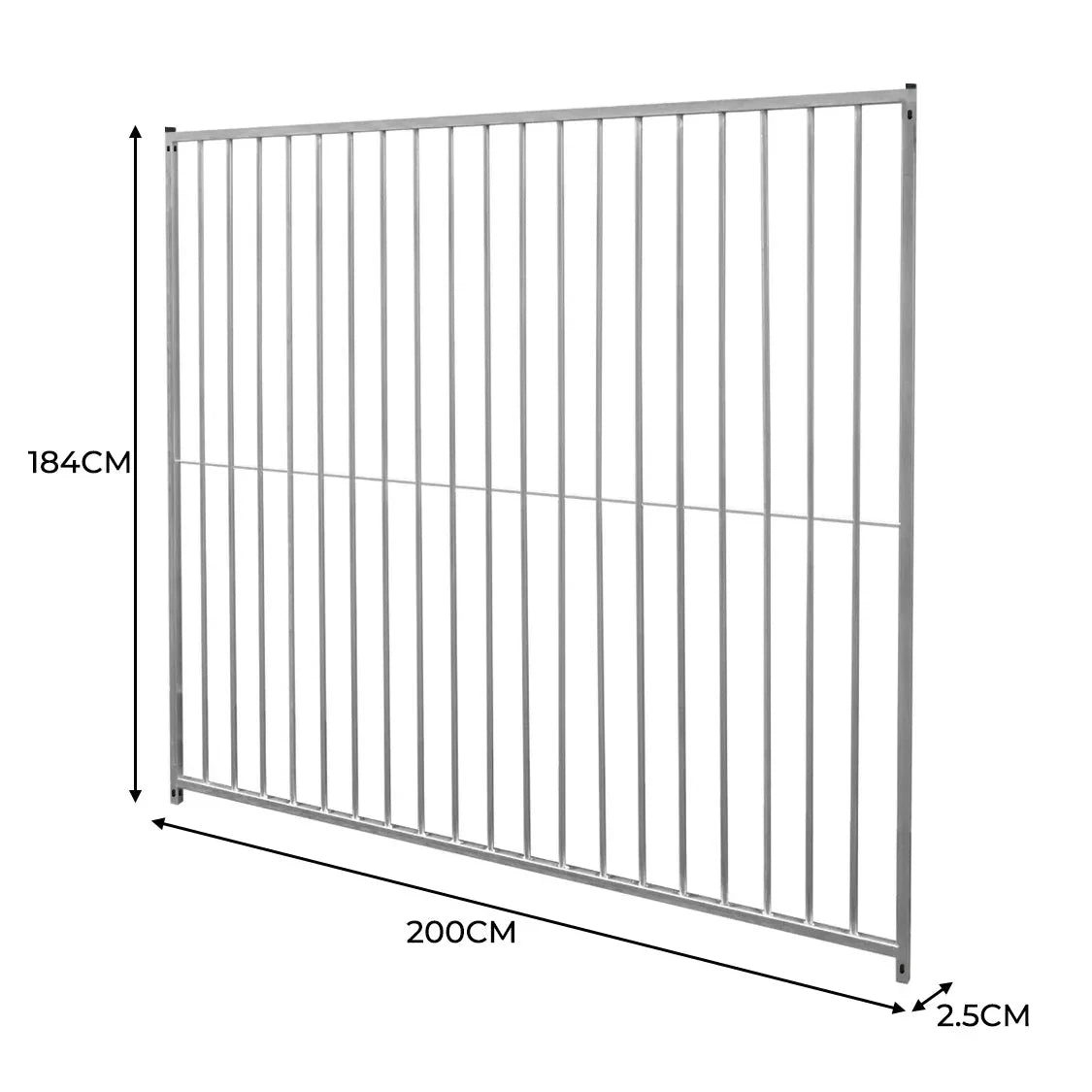 2m dog run panel with 8cm bar spacing, featuring a sturdy silver metal frame and dimensions of 200cm x 184cm x 2.5cm