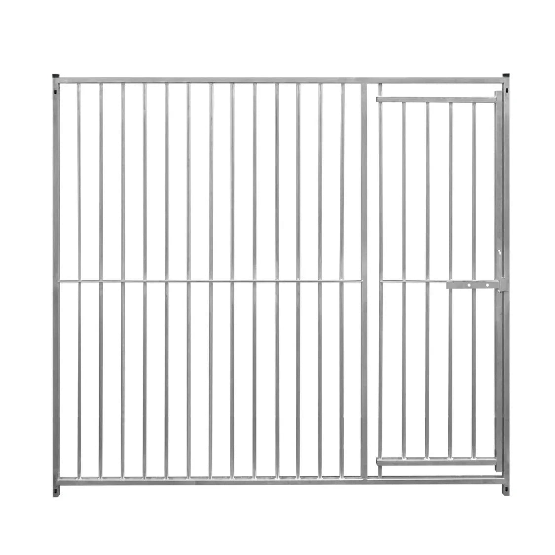 2m dog run panel with door, featuring sturdy metal construction, sleek silver finish, and 8cm bar spacing for safety and durability