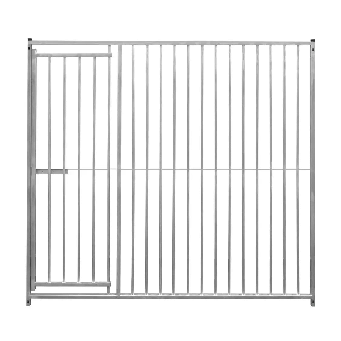 Durable 2m dog run panel with door, featuring 8cm bar spacing, made of sturdy metal with a sleek silver finish and vertical bars