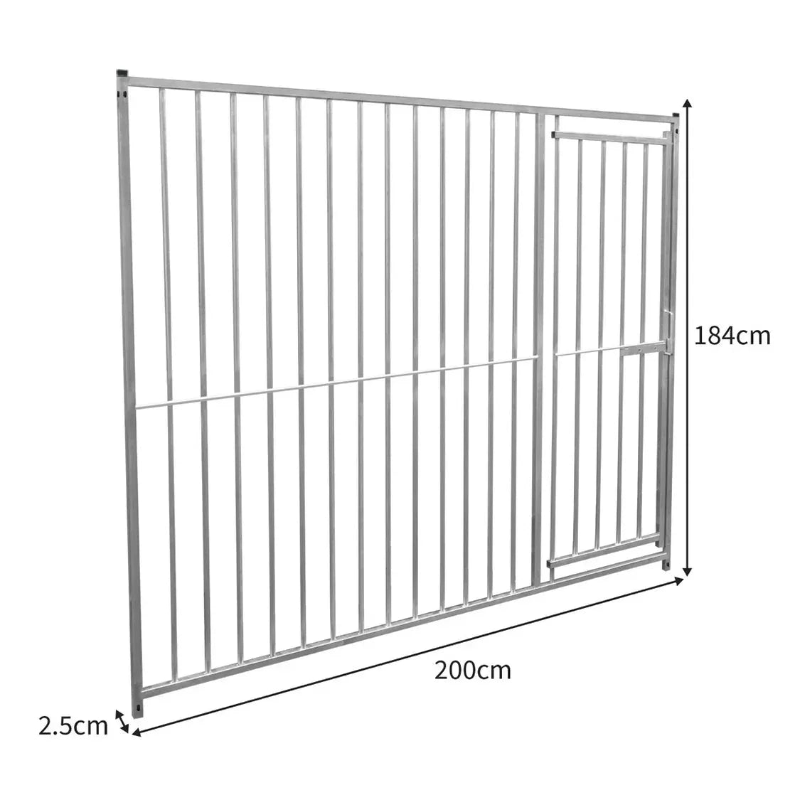 2m dog run panel with door, featuring 8cm bar spacing, sturdy silver metal construction, and dimensions of 200cm x 184cm x 2.5cm