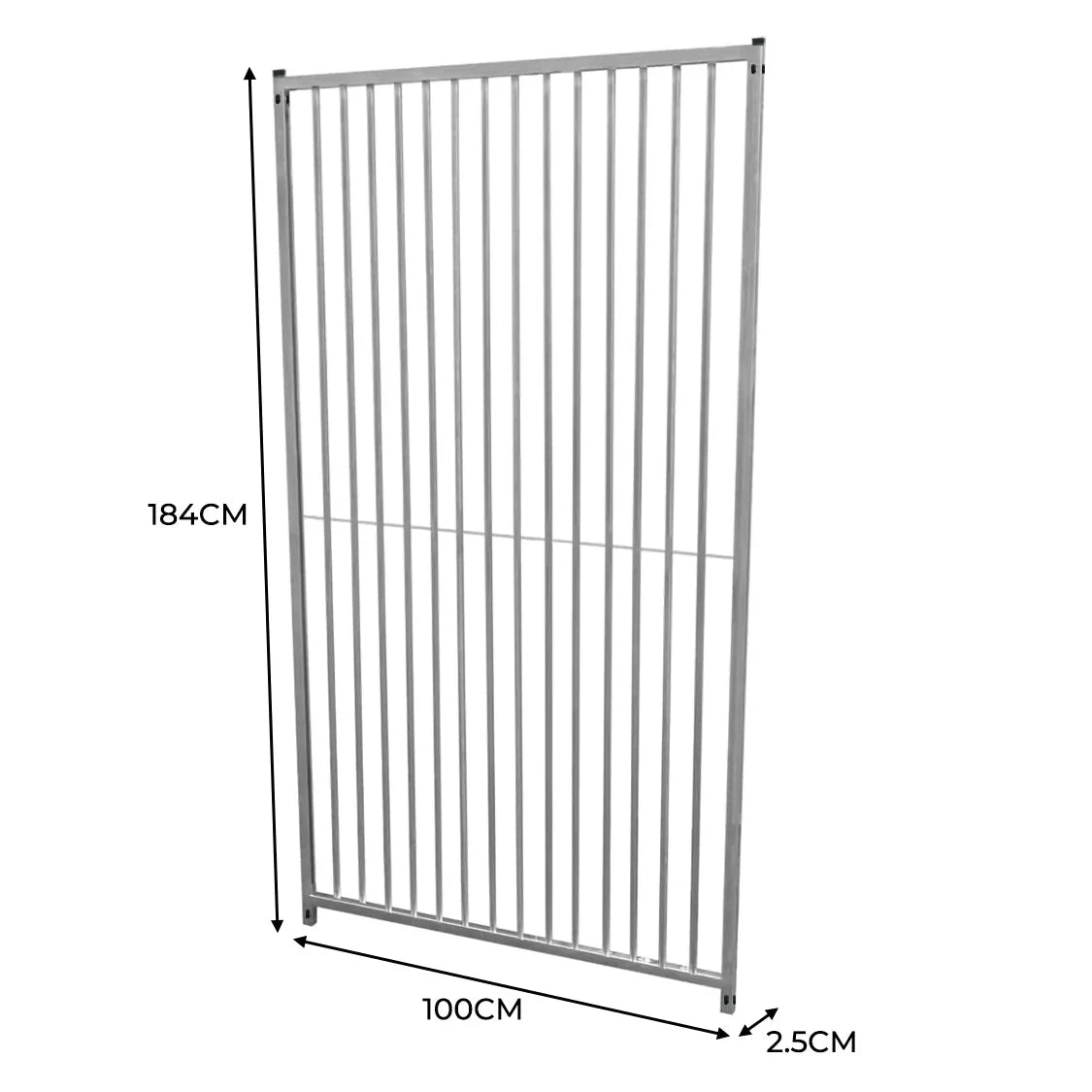 1m dog run panel with 5cm bar spacing, silver metal, vertical bars, dimensions 184cm height by 100cm width, sturdy design