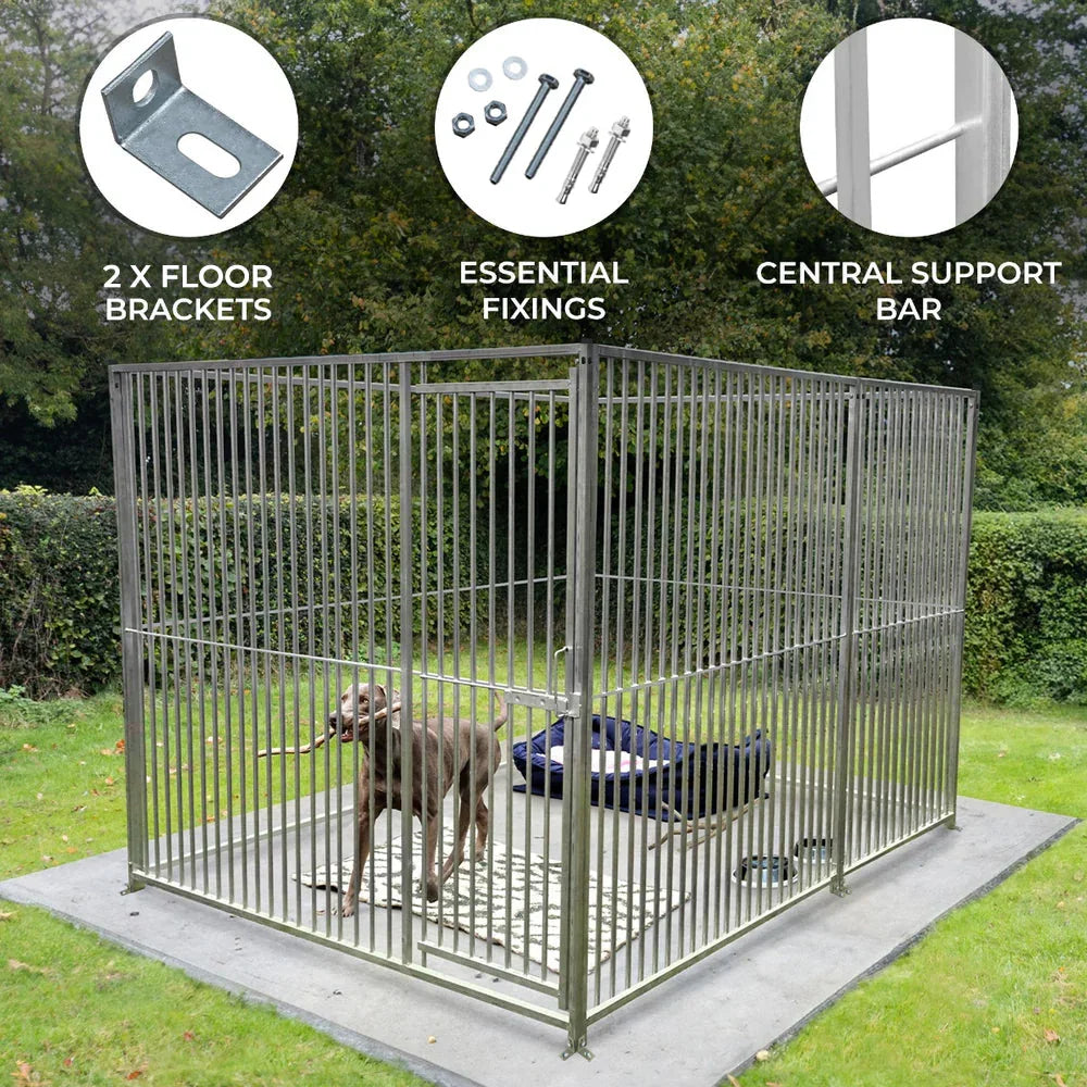 1m dog run panel with 5cm bar spacing, stainless steel, includes floor brackets, essential fixings, and central support bar