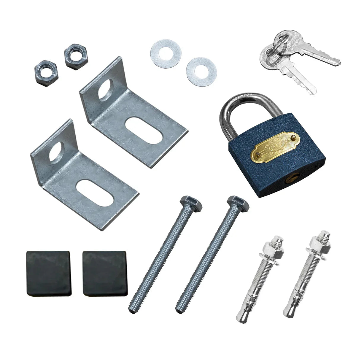 Metal hardware kit for 1m dog run panel, includes lock, keys, brackets, screws, washers, and rubber pads for secure...