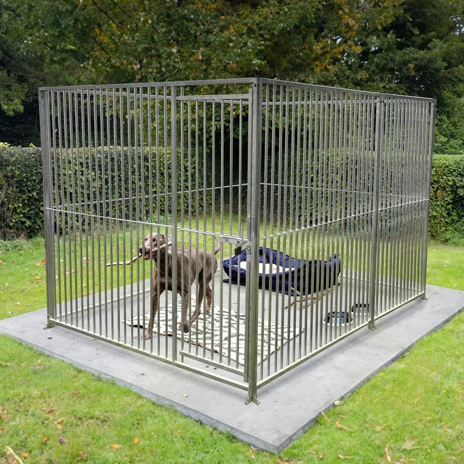 1m dog run panel with door, sturdy metal bars, spacious design, grass flooring, and a dog bed inside for comfort