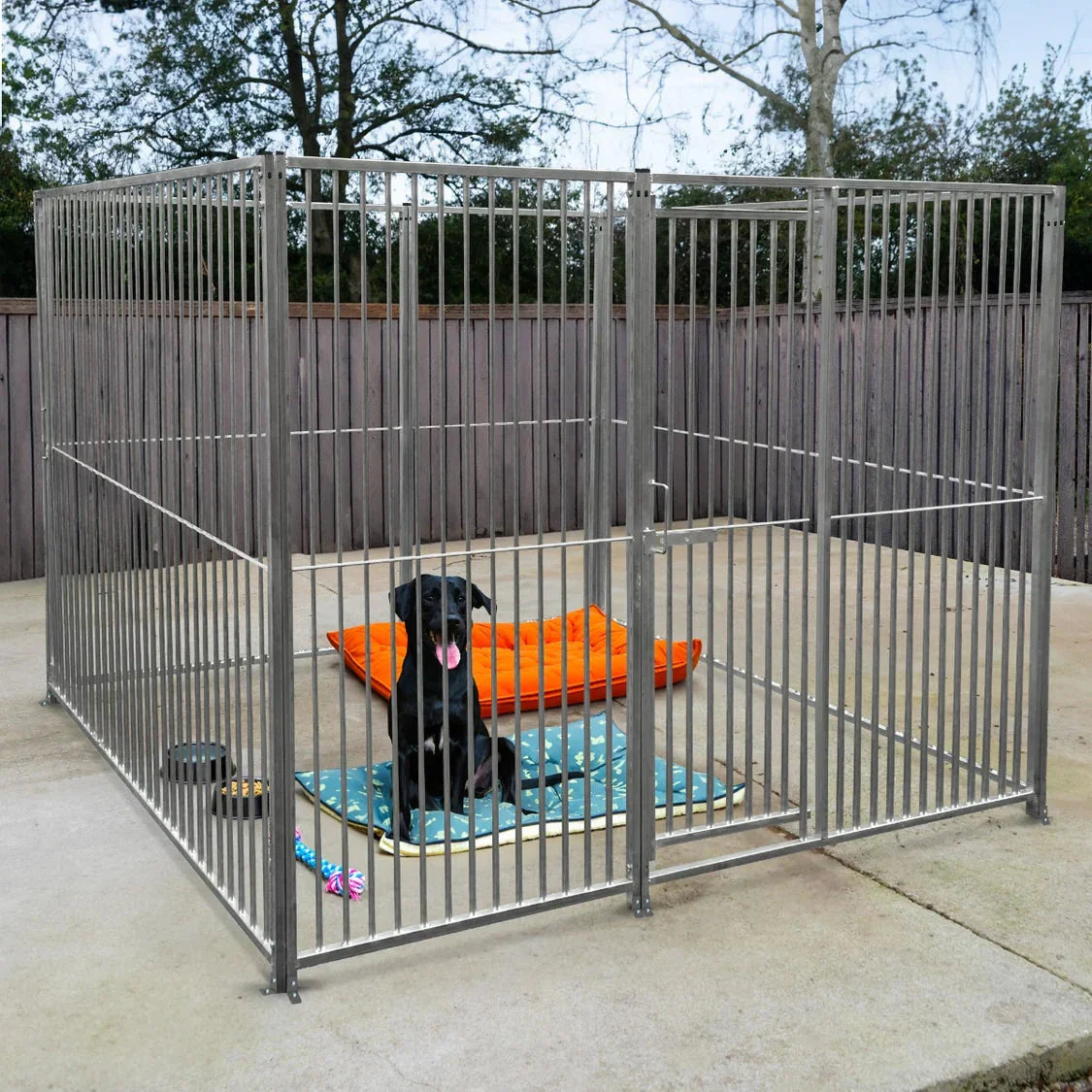 1m dog run panel with door, silver metal bars, 5cm spacing, featuring a black dog on a blue mat with toys inside a...