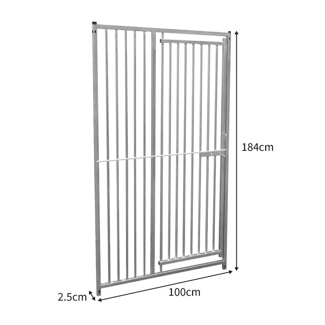 1m dog run panel with door, silver metal, vertical bars, 5cm spacing, dimensions 184cm height, 100cm width, sturdy design