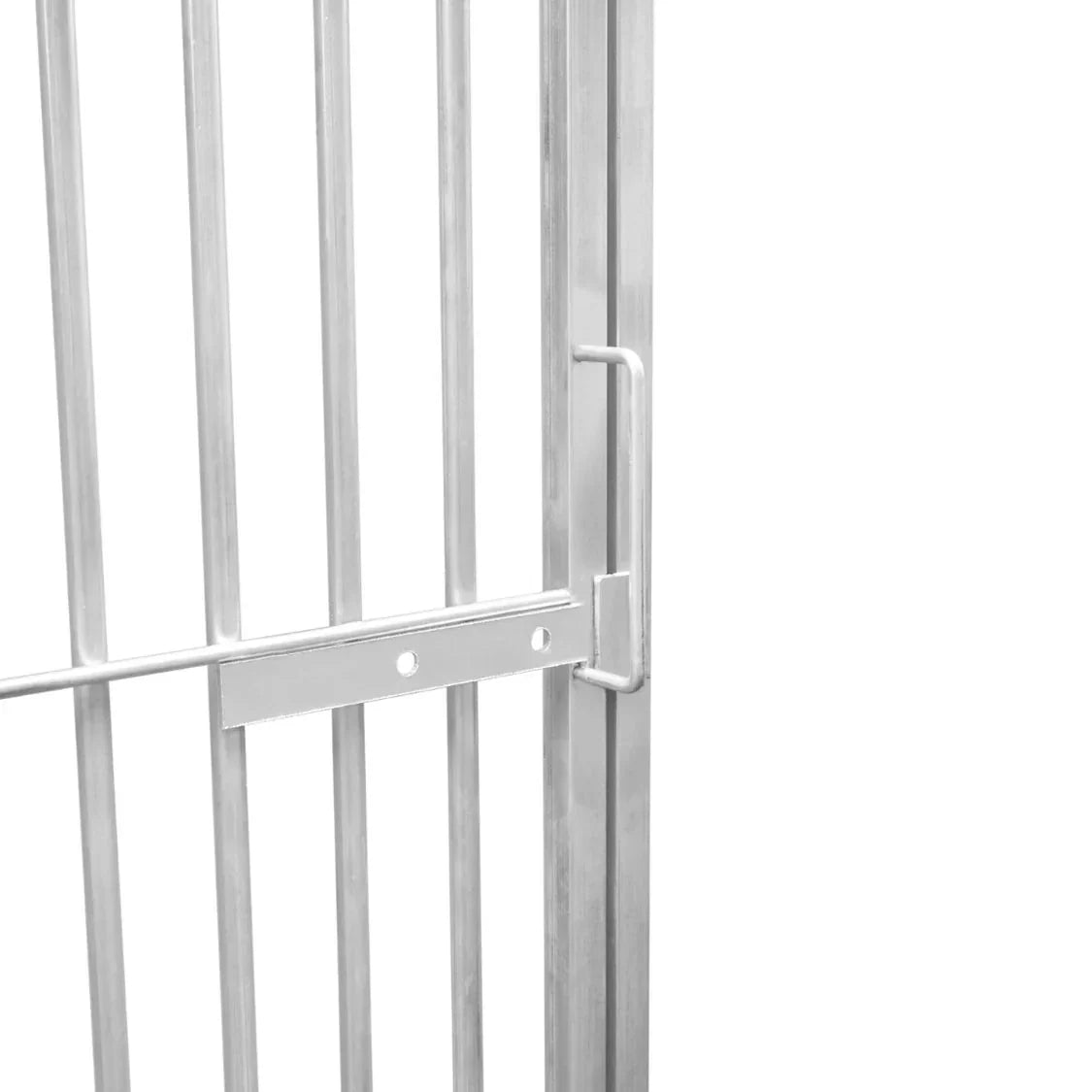 1m dog run panel with door, silver metal construction, vertical bars, 5cm spacing, sturdy latch for secure closure