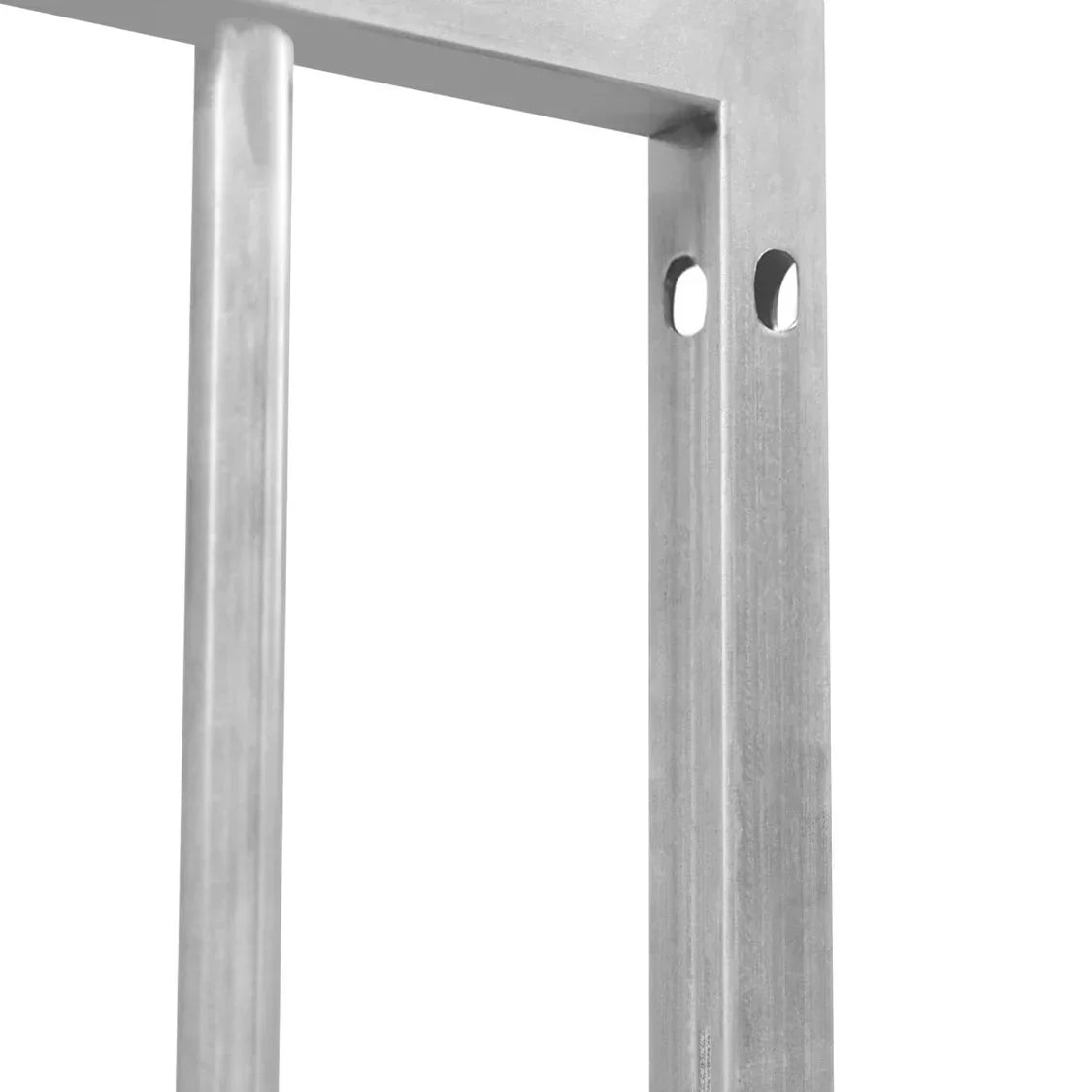 Durable silver metal dog run panel with 5cm bar spacing and a door, featuring smooth edges and sturdy construction