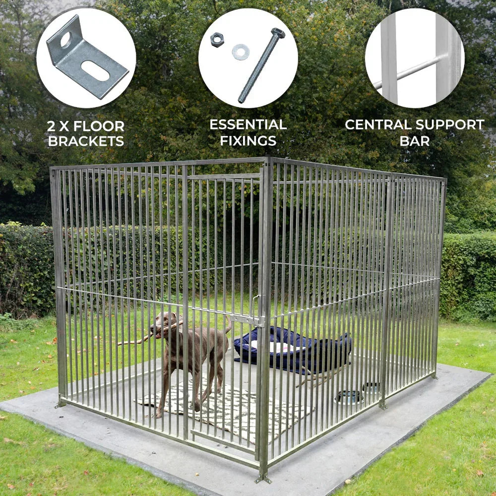 1m dog run panel with door, silver metal bars, 5cm spacing, includes floor brackets and central support bar, grassy...