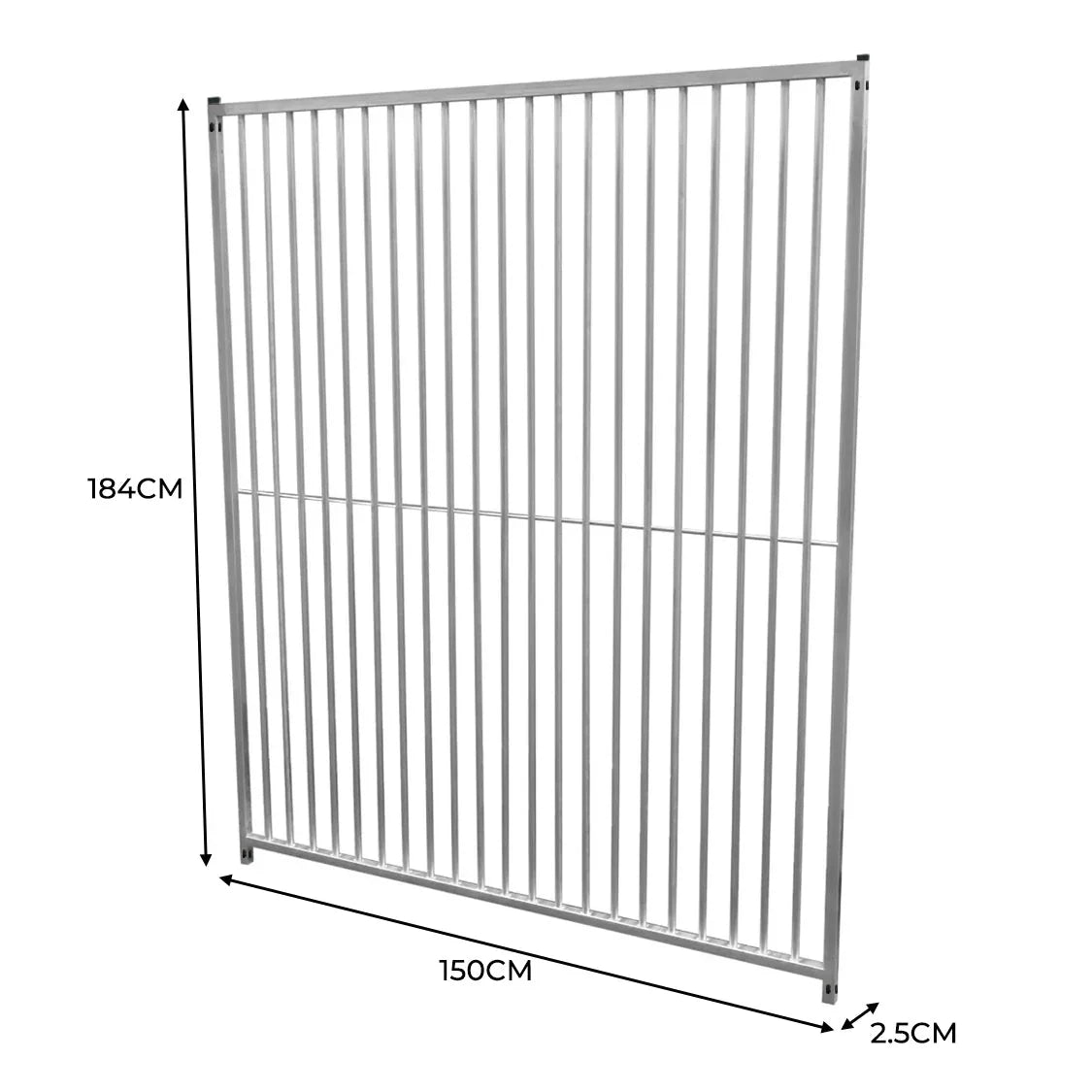 1.5m dog run panel with 5cm bar spacing, sturdy metal construction, vertical bars, dimensions 150cm x 184cm x 2.5cm