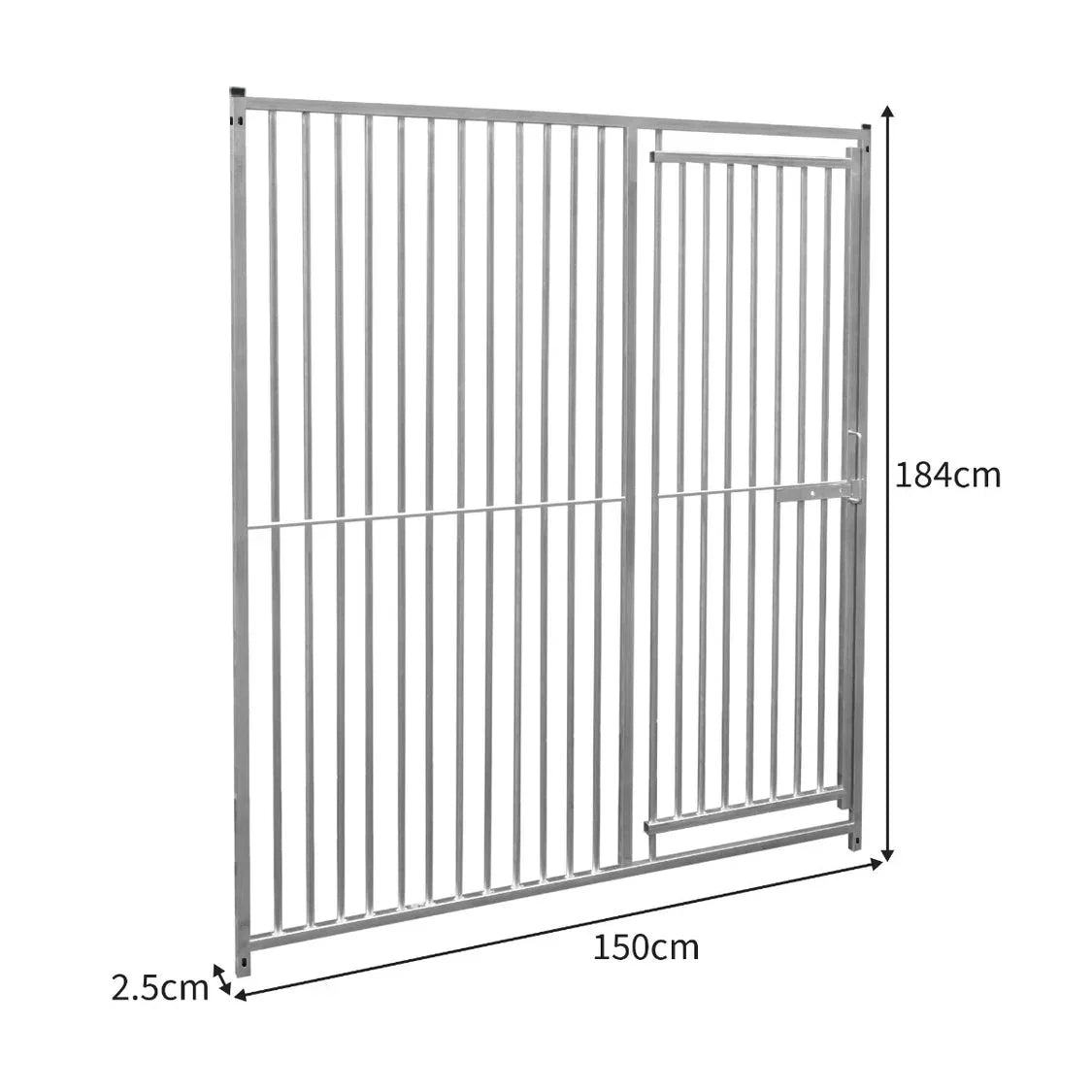 1.5m dog run panel with door, silver metal bars, 5cm spacing, sturdy design, dimensions 150cm x 184cm x 2.5cm