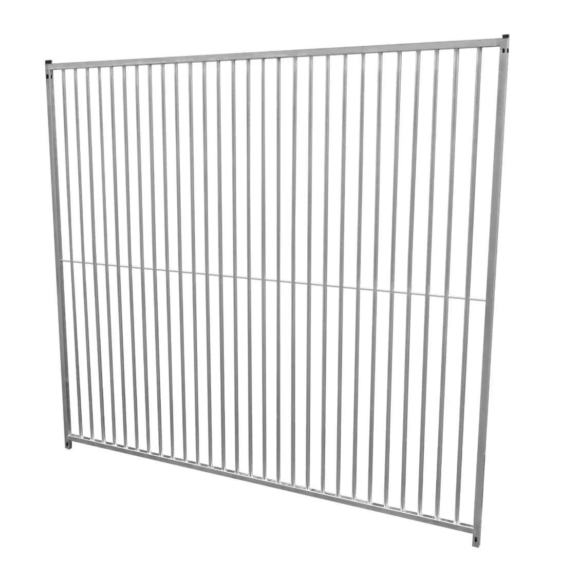 Durable 2m dog run panel with 5cm bar spacing, featuring a sleek silver finish and sturdy metal construction for safety and stability