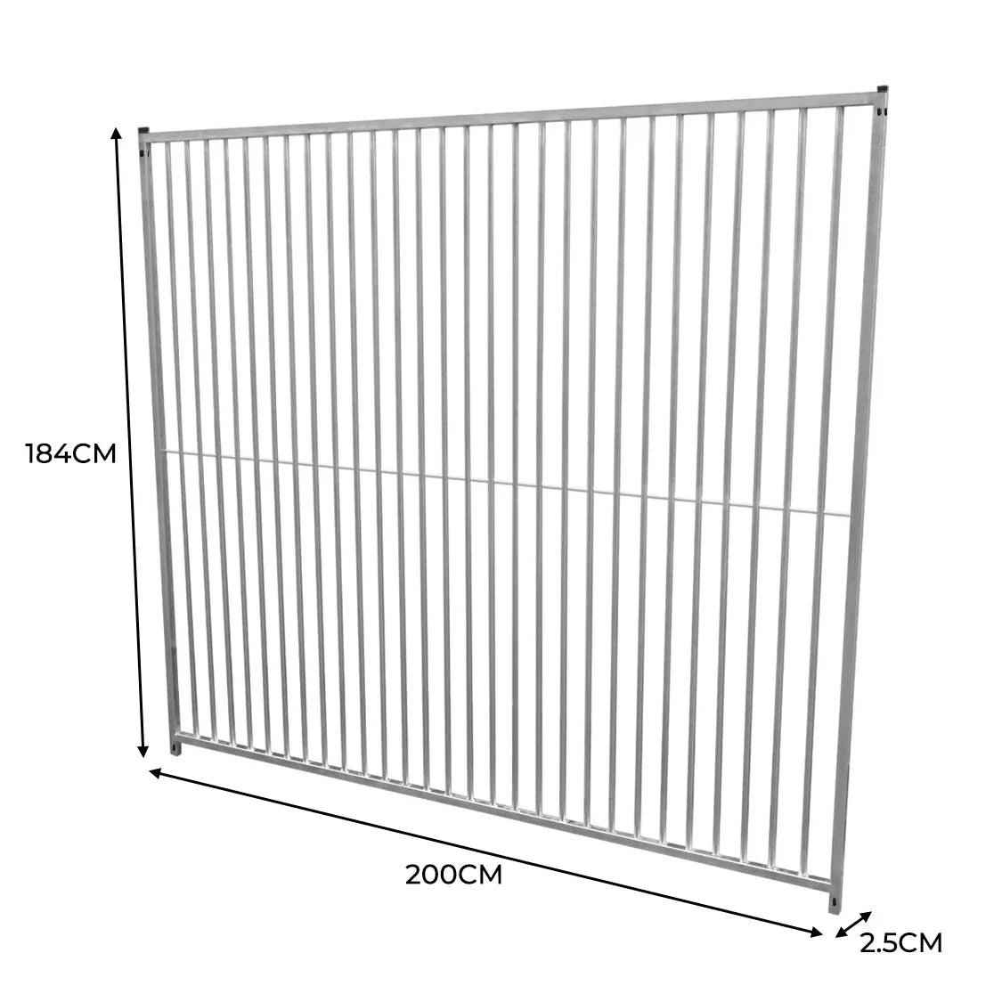 2m dog run panel featuring 5cm bar spacing, made of durable metal, with a sleek silver finish and dimensions of 200cm x 184cm