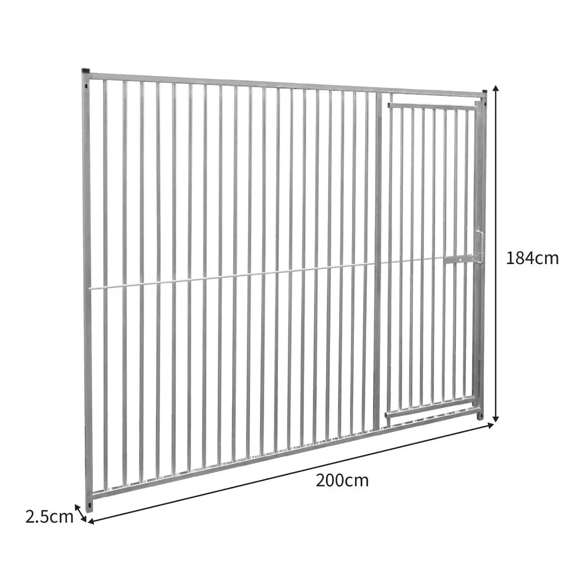 2m dog run panel with door, featuring sturdy metal bars, 5cm spacing, and dimensions of 200cm by 184cm for secure pet containment