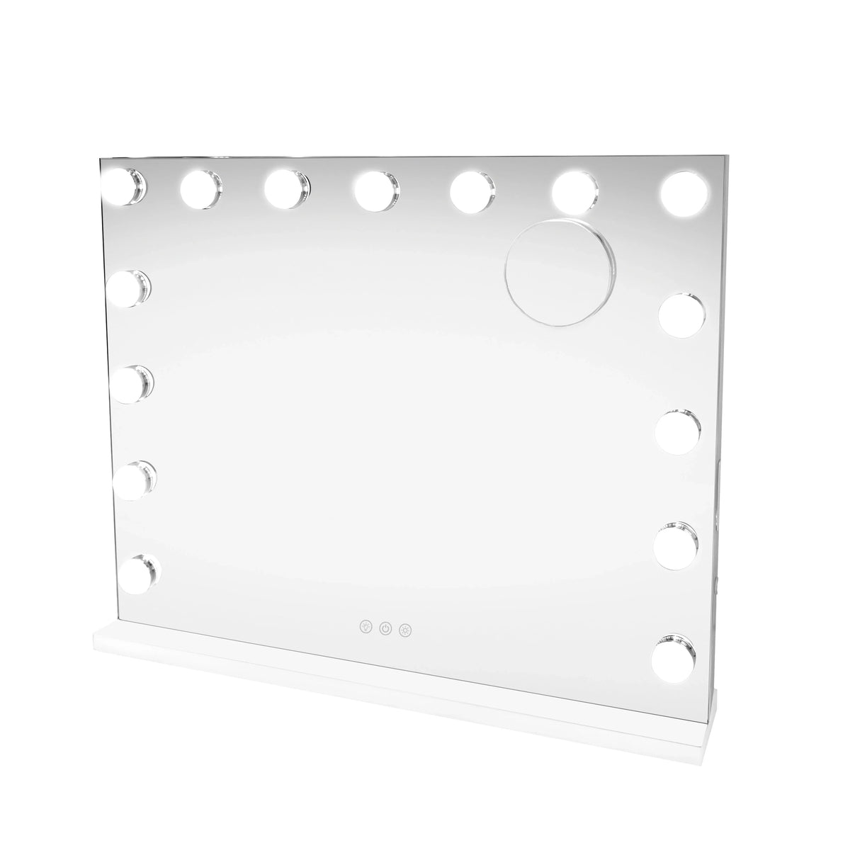 LED Bluetooth mirror, 58 x 46cm, features a sleek design with bright circular lights, a smooth reflective surface, and a modern white base