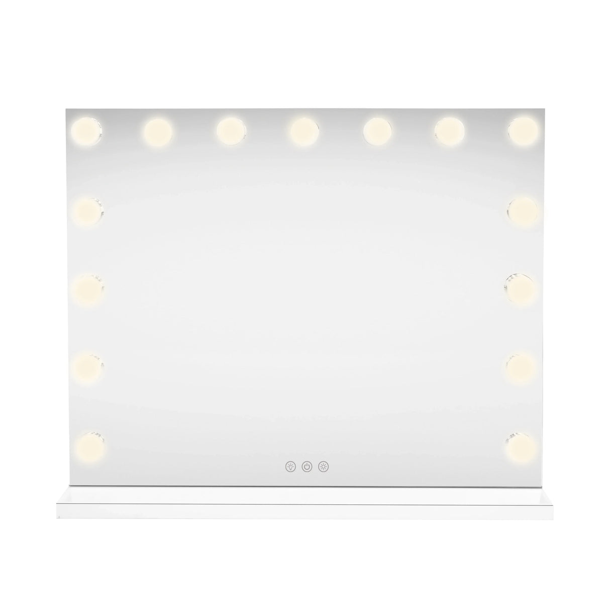 LED Bluetooth mirror measuring 58 x 46cm, featuring a sleek white frame and 12 bright round bulbs for enhanced lighting