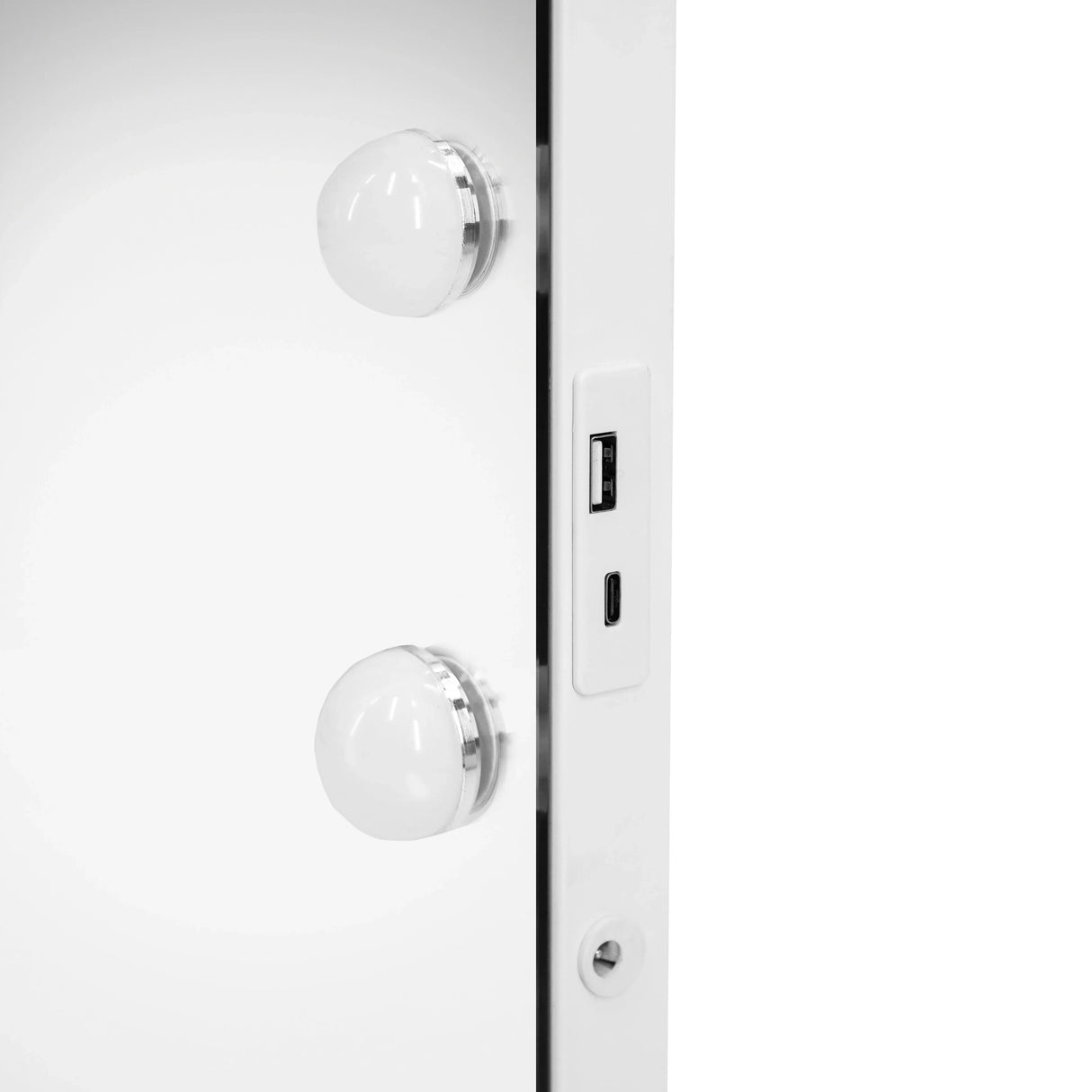 LED Bluetooth mirror with two round light bulbs, sleek white frame, USB and Type-C ports for easy connectivity, 58 x 46cm