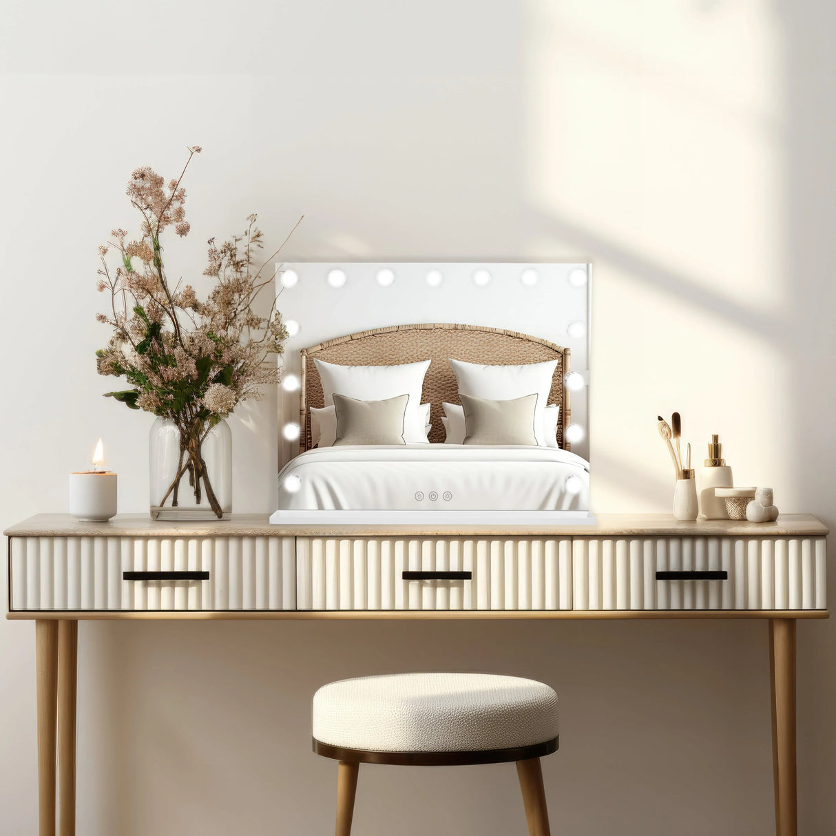 LED Bluetooth mirror with bright bulbs, sleek white frame, and a stylish design, placed on a modern wooden vanity with decor