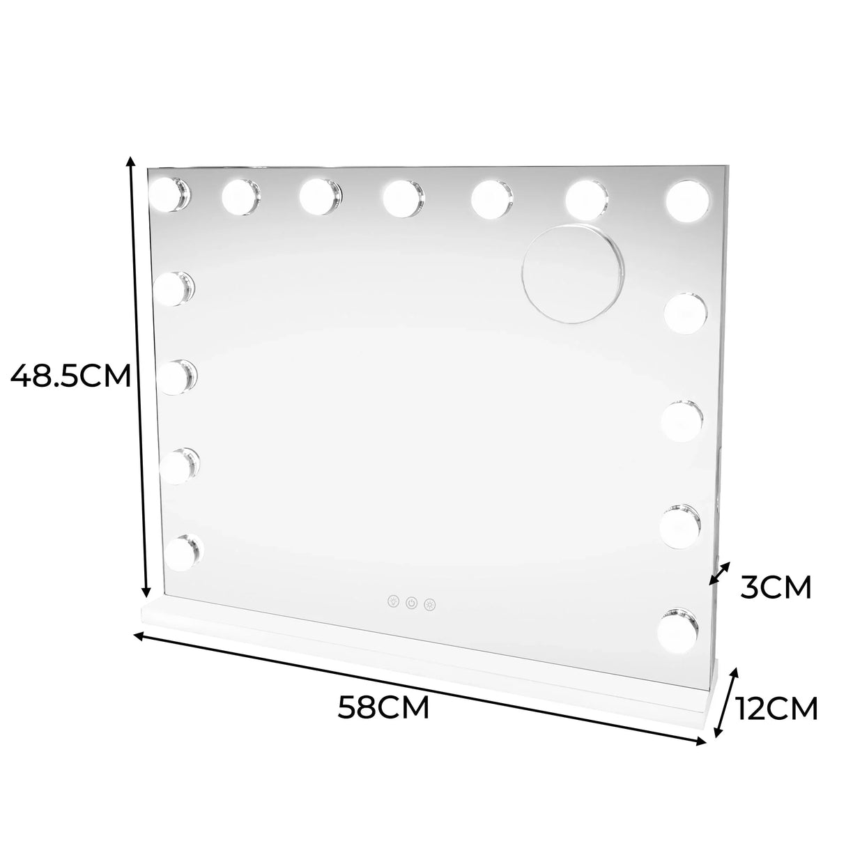 LED Bluetooth mirror measuring 58 x 46cm with a sleek glass surface, illuminated by 12 round lights for enhanced visibility