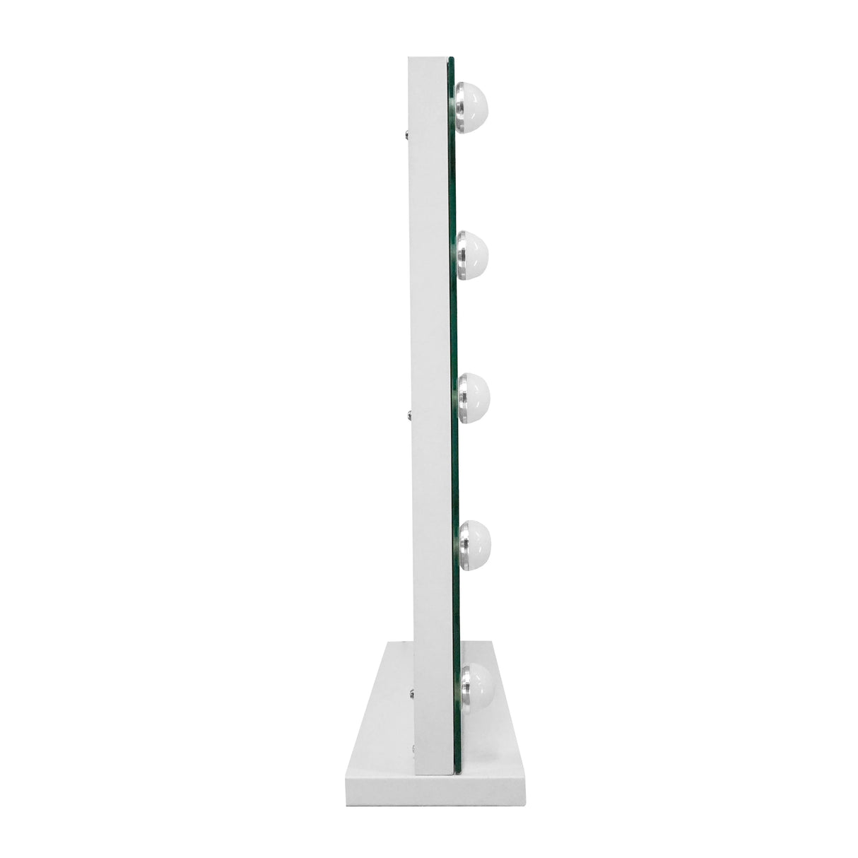 LED Bluetooth mirror with a sleek white frame, featuring five round bulbs on one side, ideal for makeup application and styling