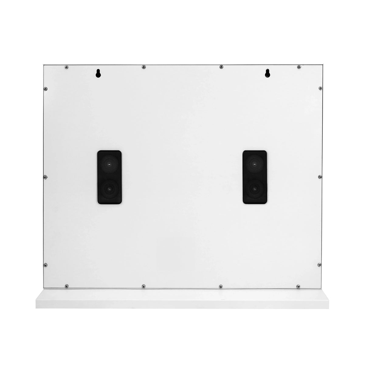 Back view of a 58 x 46cm LED Bluetooth mirror showcasing two built-in speakers and a sleek white frame design