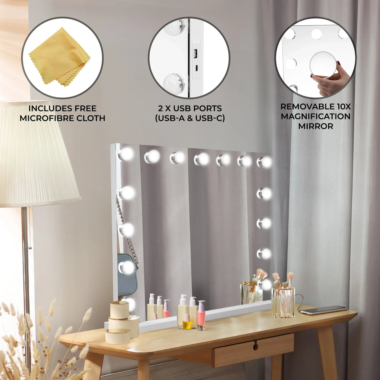 LED Bluetooth mirror, 58 x 46cm, features bright bulbs, USB ports, a removable 10x magnification mirror, and a microfiber cloth