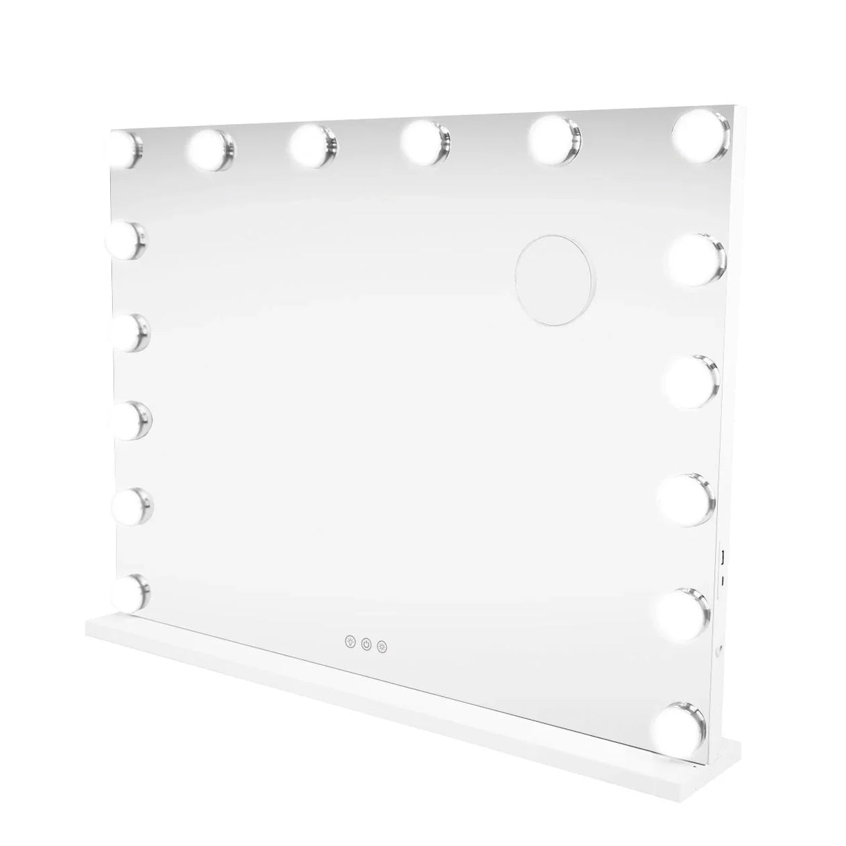 LED Bluetooth mirror measuring 80 x 60cm with a sleek white frame, illuminated by 12 round lights for bright, clear reflections