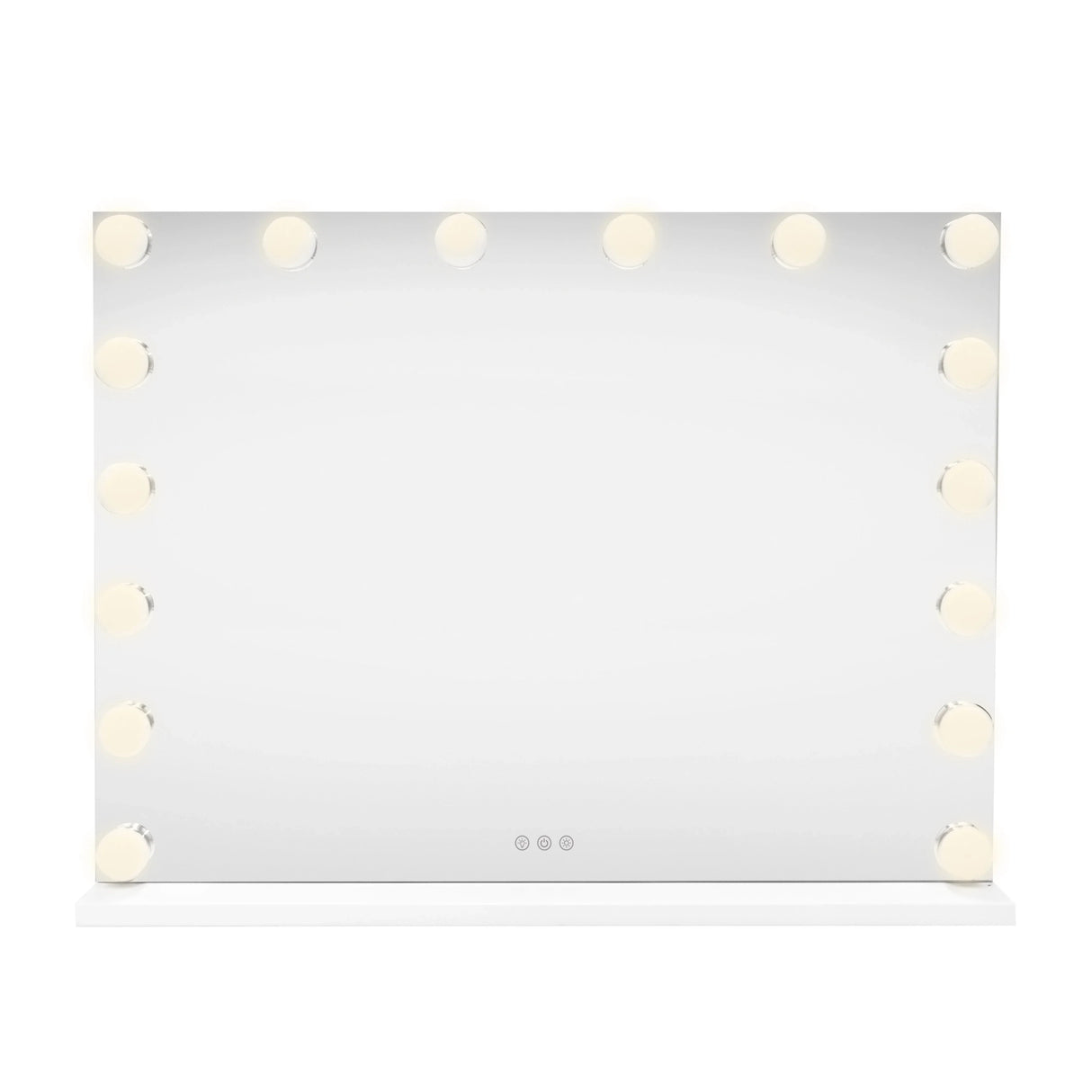 LED Bluetooth mirror measuring 80 x 60cm with a sleek, reflective surface and 12 warm white bulbs around the edges for enhanced lighting