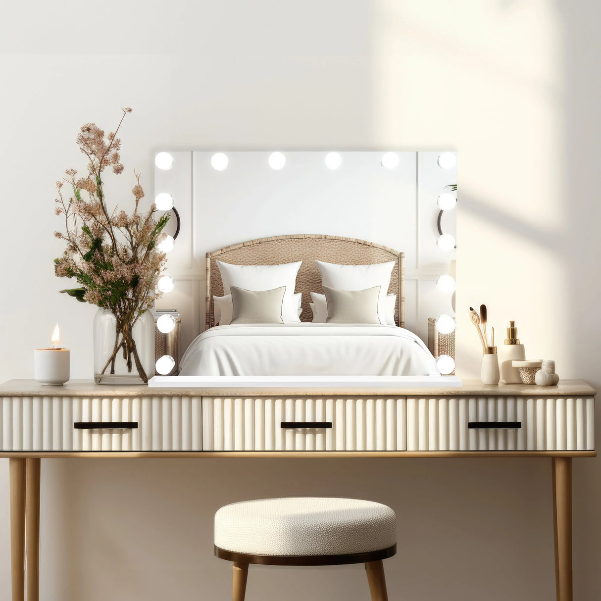 LED Bluetooth mirror, 80 x 60cm, with bright bulbs, sleek design, reflecting a cozy bedroom and stylish vanity setup
