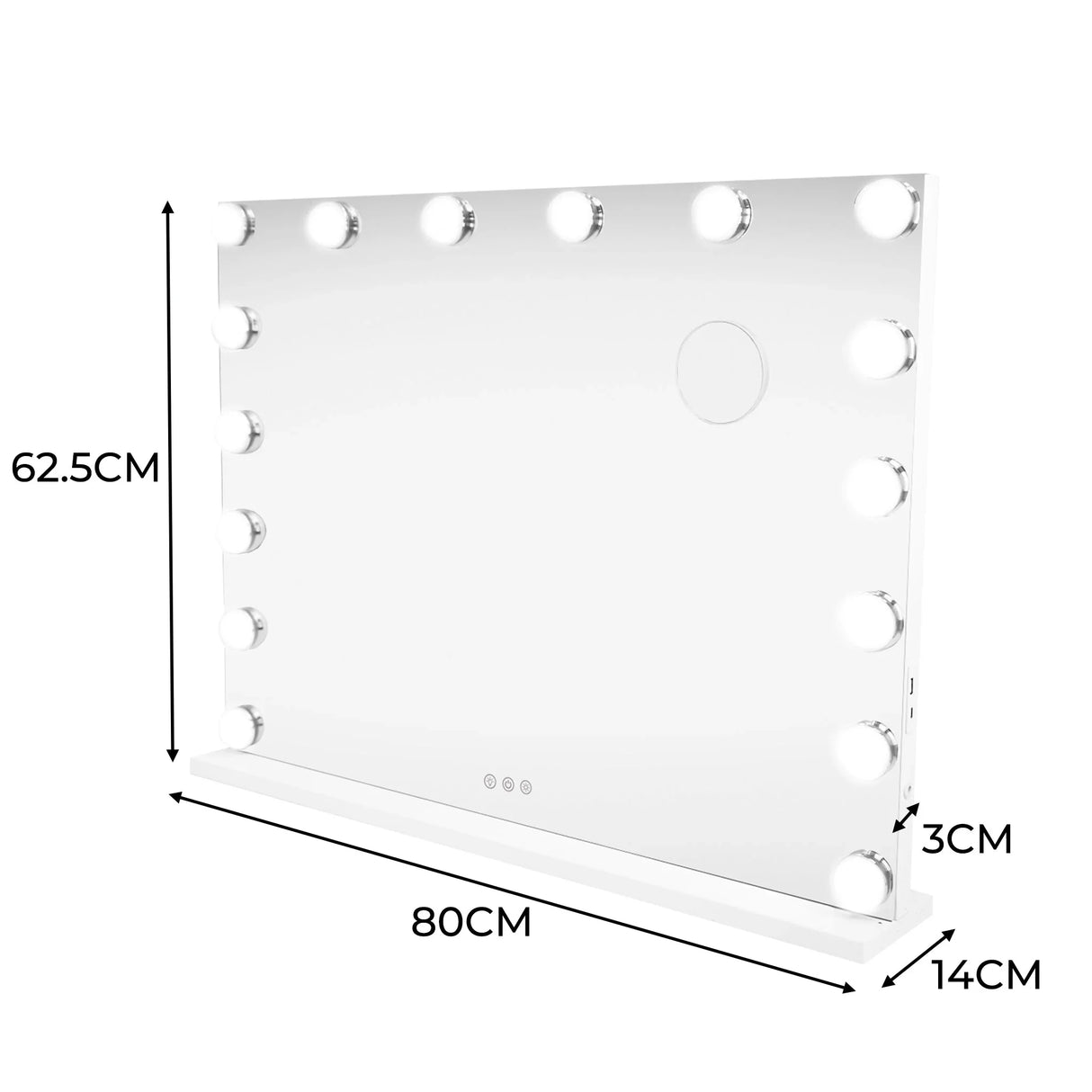LED Bluetooth mirror measuring 80 x 60cm with a sleek white frame, 14cm base, and 12 bright circular lights for enhanced visibility