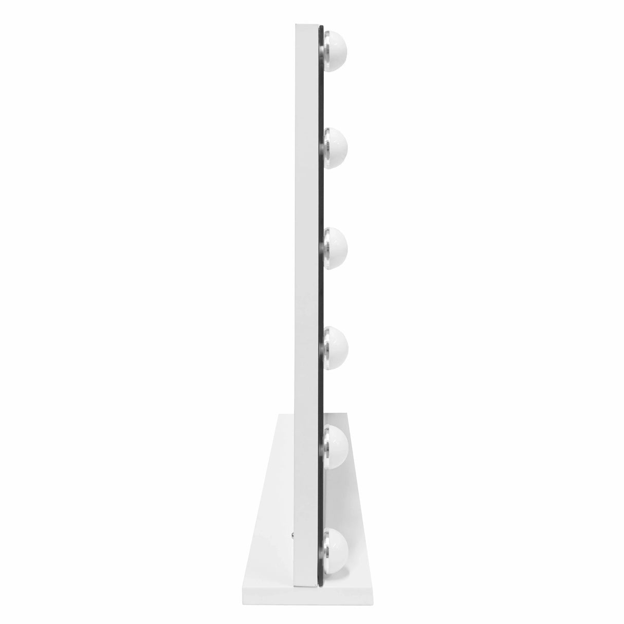 Sleek LED Bluetooth mirror with a modern white frame, featuring five round bulbs for bright illumination, side view showcasing slim profile