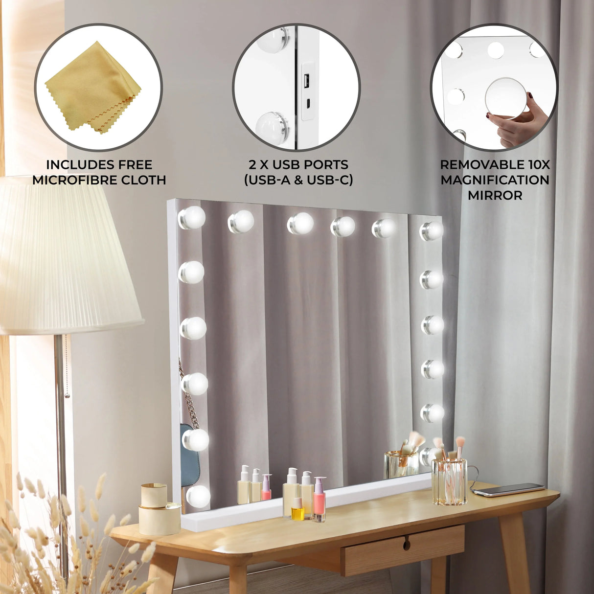 LED Bluetooth mirror 80x60cm with bright bulbs, USB ports, and a removable 10x magnification mirror on a stylish vanity table