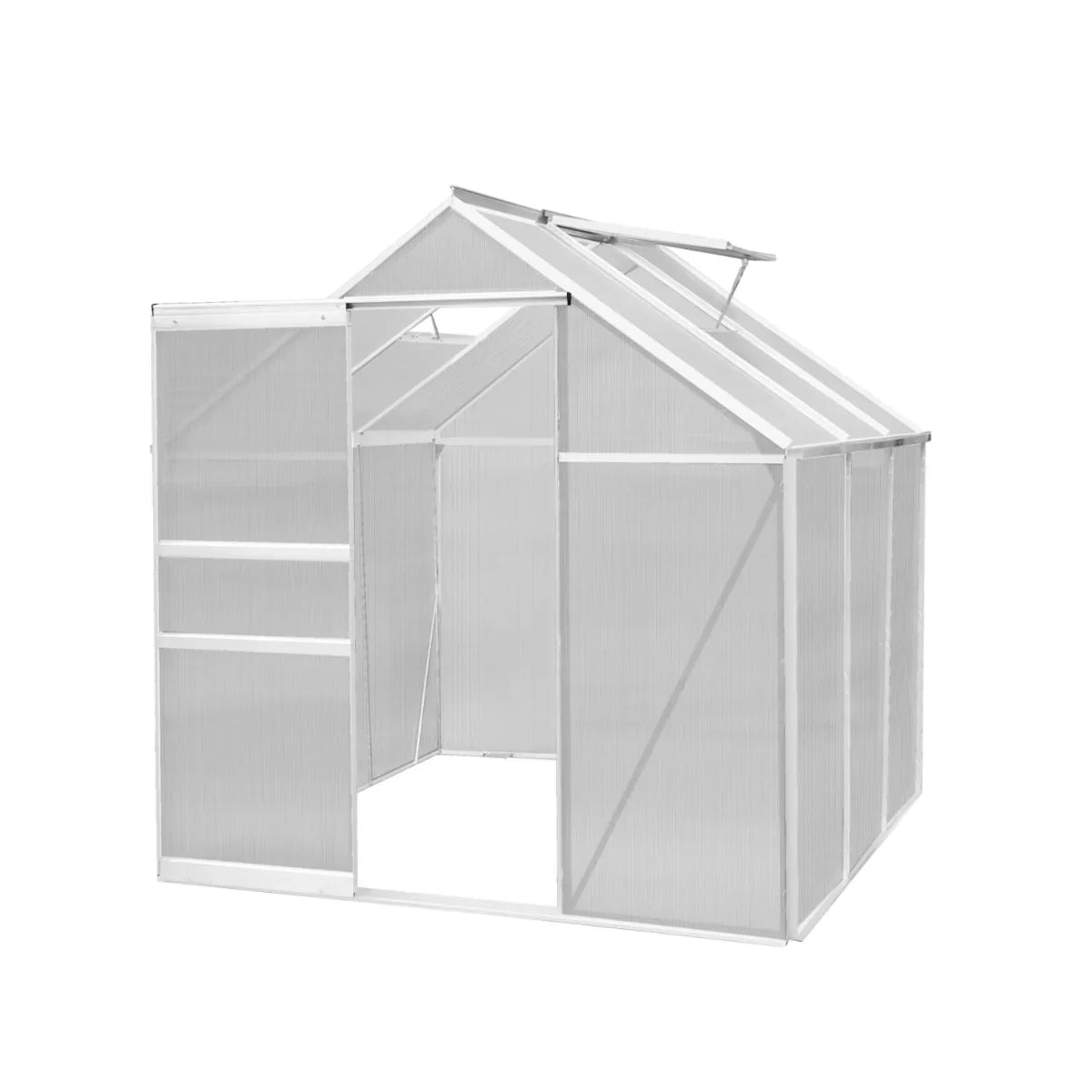 Silver polycarbonate greenhouse measuring 6ft x 6ft, featuring a sturdy frame, transparent panels, and a hinged door for easy access