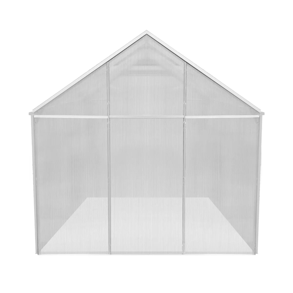 Silver polycarbonate greenhouse measuring 6ft x 6ft with a peaked roof, featuring transparent panels and a sturdy frame