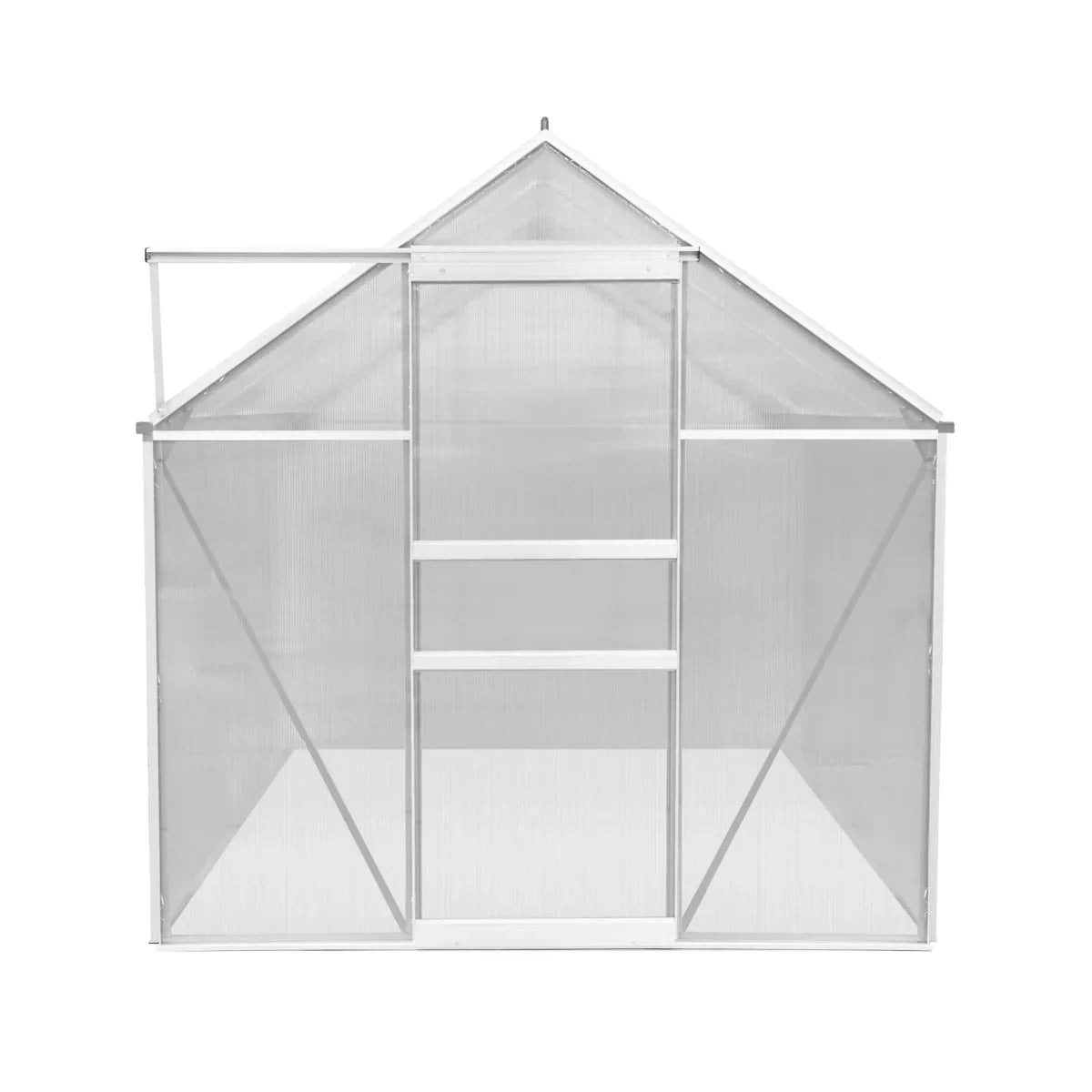 Silver polycarbonate greenhouse measuring 6ft x 6ft, featuring a sturdy frame, transparent panels, and double doors for easy access