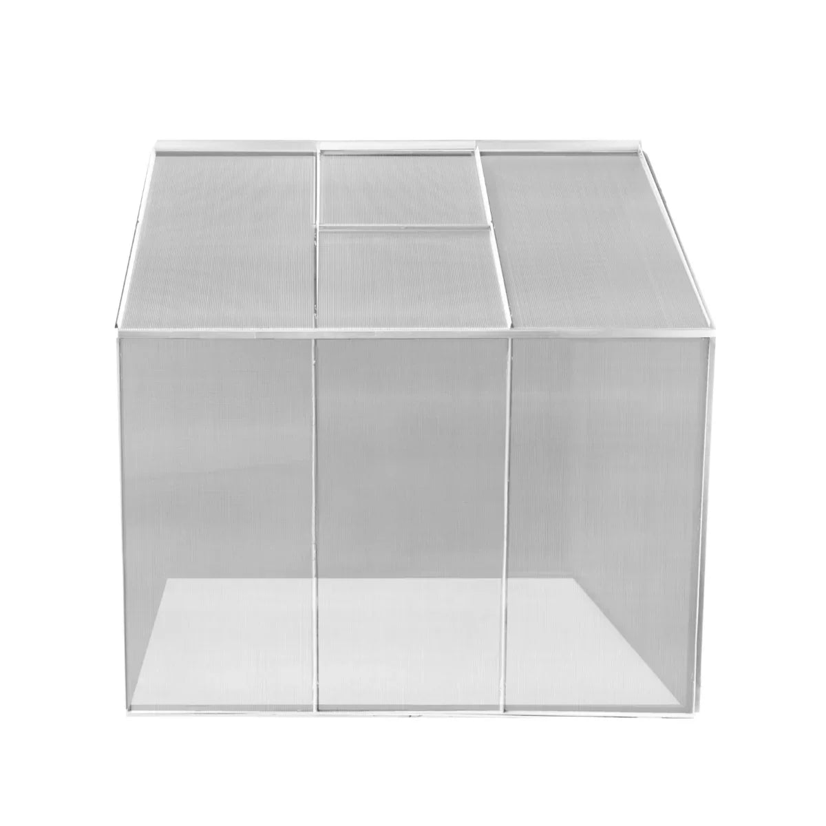 Silver polycarbonate greenhouse measuring 6ft x 6ft, featuring a sturdy frame and transparent panels for optimal sunlight exposure